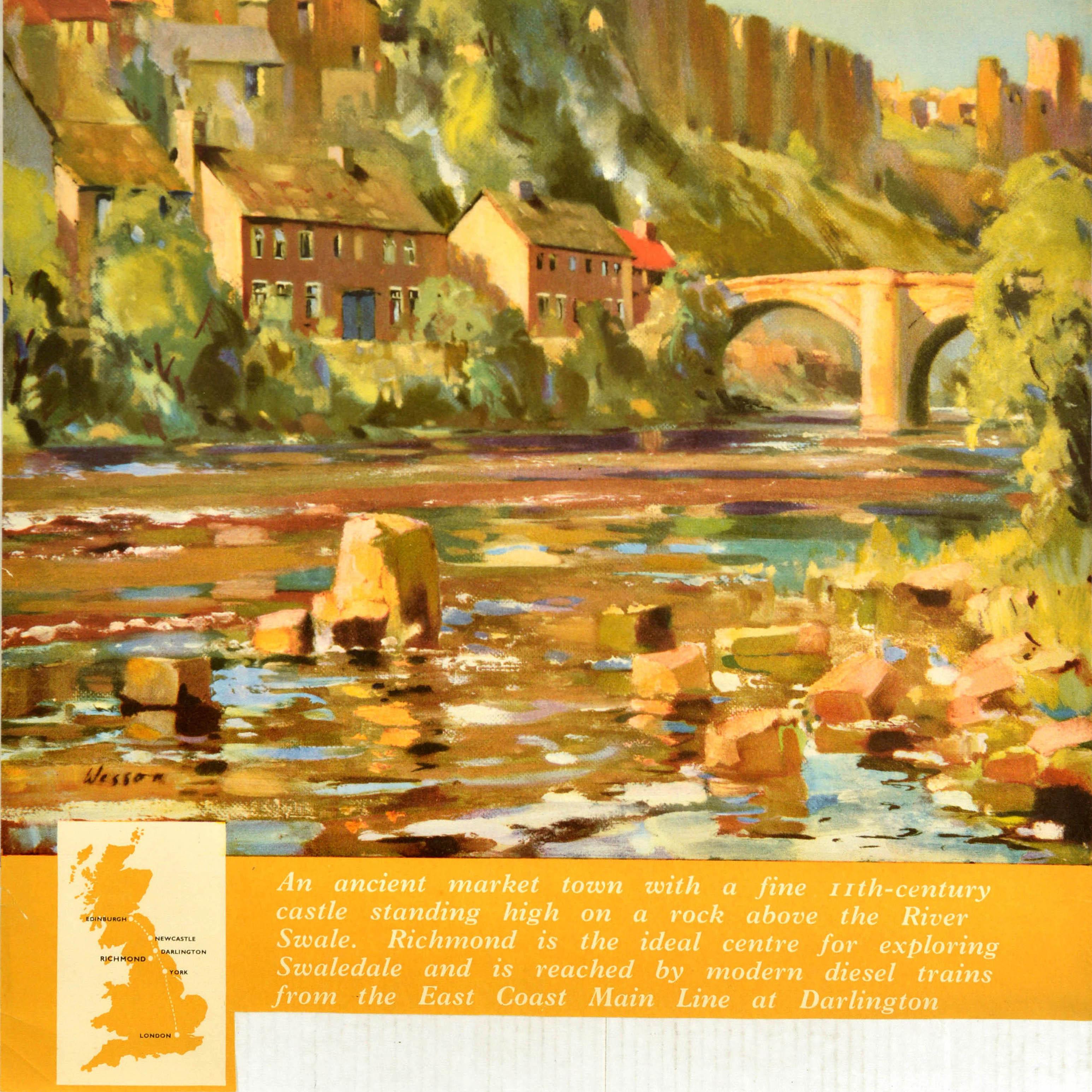 Original vintage railway travel poster advertising Richmond Yorkshire featuring a painting by Edward Wesson (1910-1983) of the historic Richmond Castle on a hill with trees and houses, smoke rising from their chimneys, leading down to the River