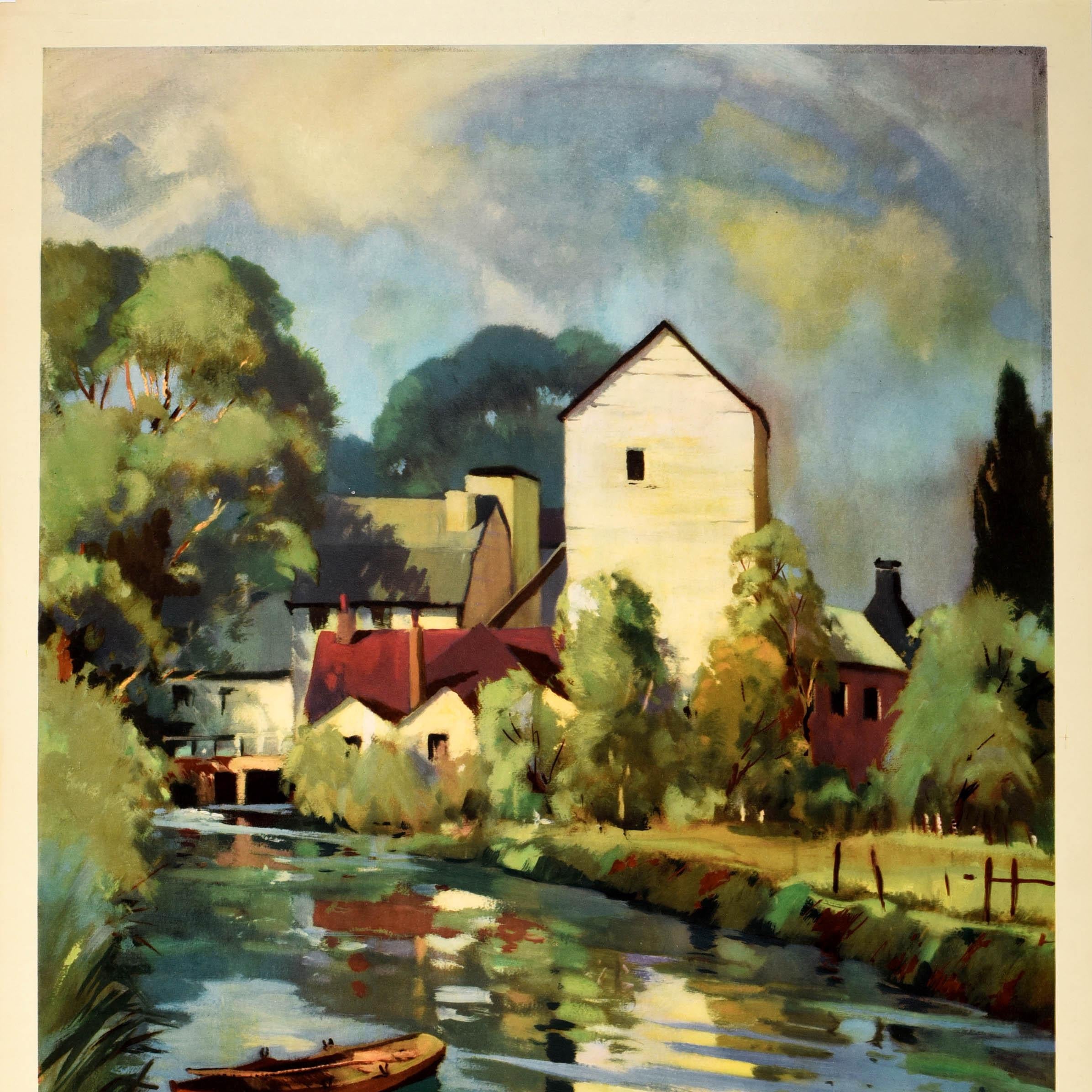 Original vintage railway travel poster for Hertfordshire See Britain by Train featuring scenic artwork by the landscape watercolour painter Edward Wesson (1910-1983) depicting the River Stort in the historic town of Sawbridgeworth with rowing boats