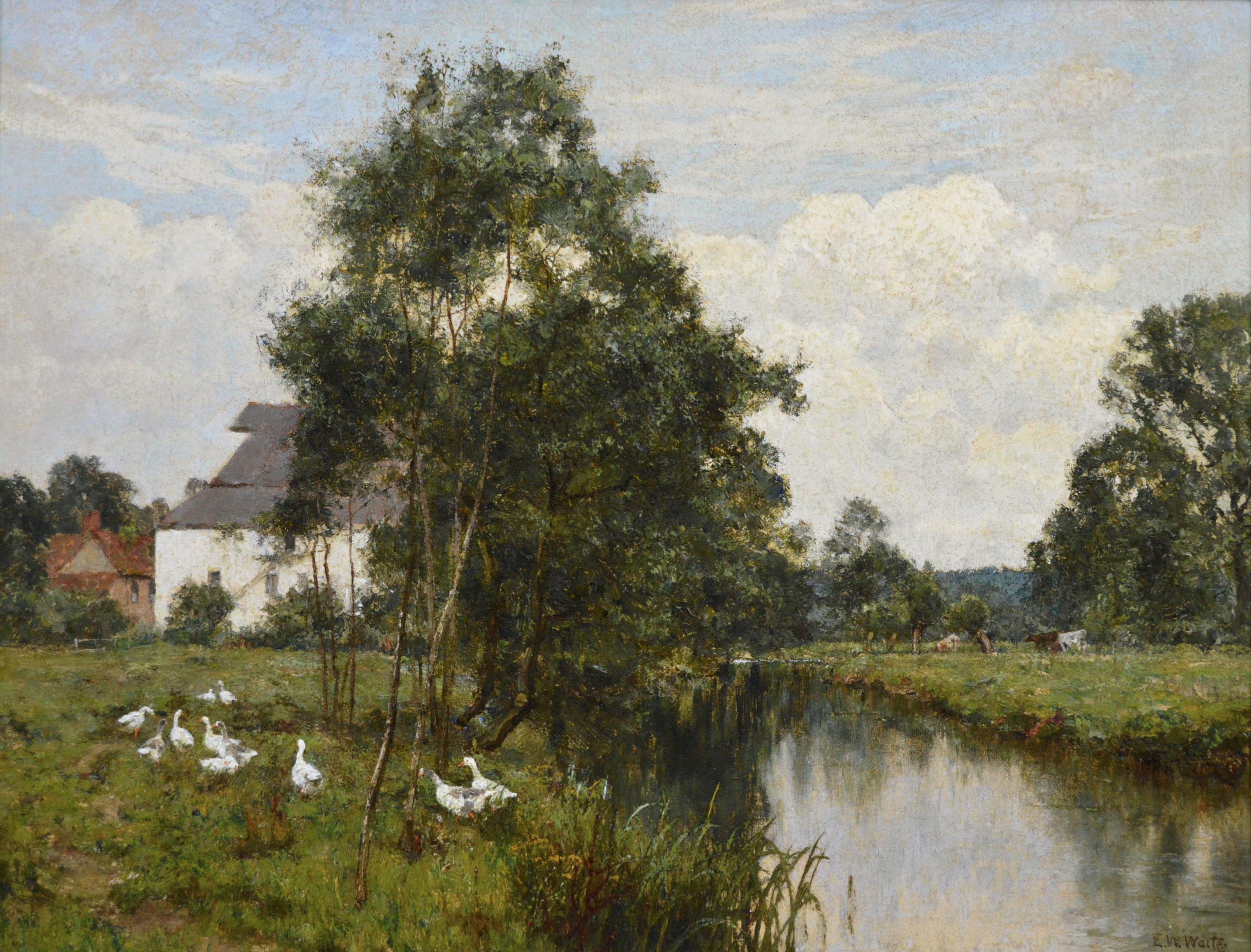 19. Jahrhundert Landschaft Ölgemälde von Gänsen in der Nähe einer Mühle – Painting von Edward Wilkins Waite
