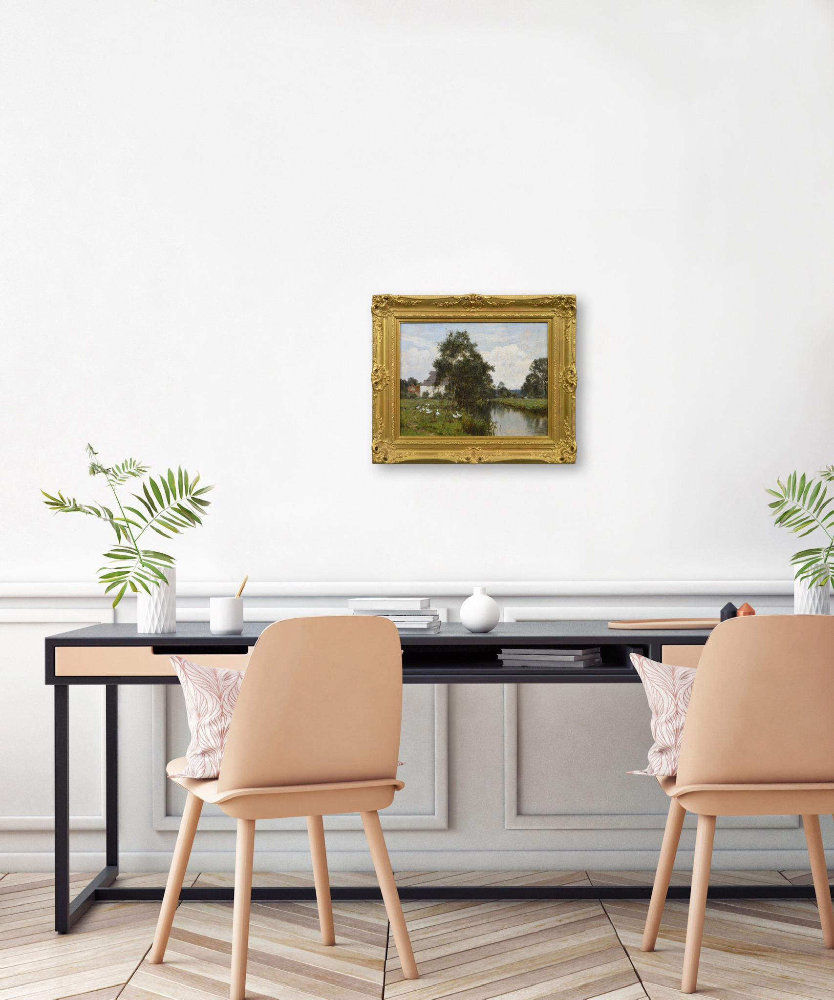 19. Jahrhundert Landschaft Ölgemälde von Gänsen in der Nähe einer Mühle im Angebot 1