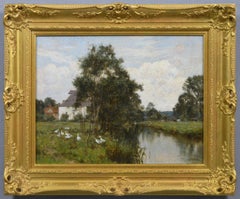 19. Jahrhundert Landschaft Ölgemälde von Gänsen in der Nähe einer Mühle