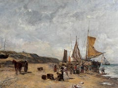 19th century Beach Landscape in Scheveningen, Holland with fishing boats, people