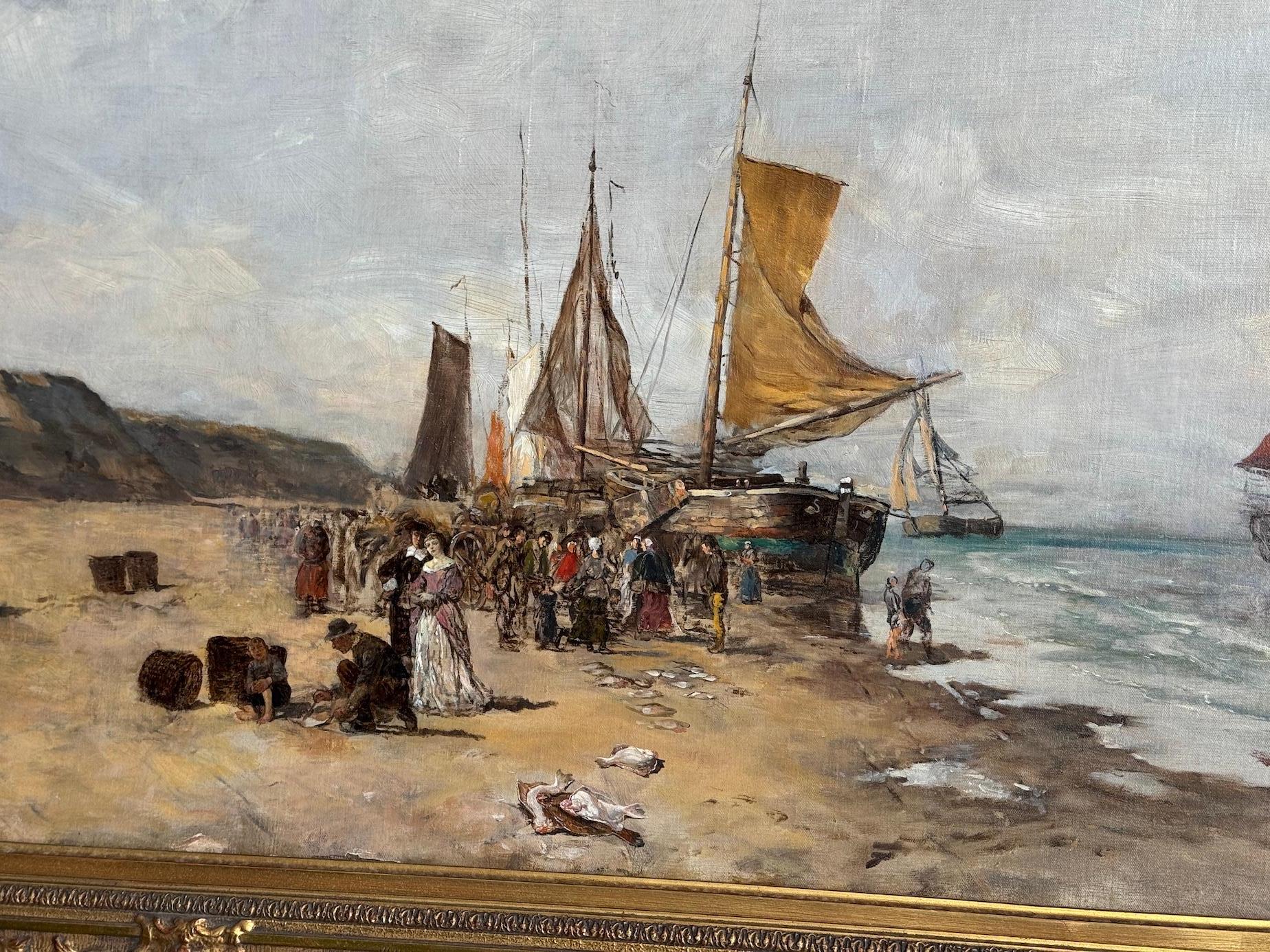 Paesaggio di spiaggia del XIX secolo a Scheveningen, in Olanda, con barche da pesca e persone - Painting Vittoriano di Edward William Cooke