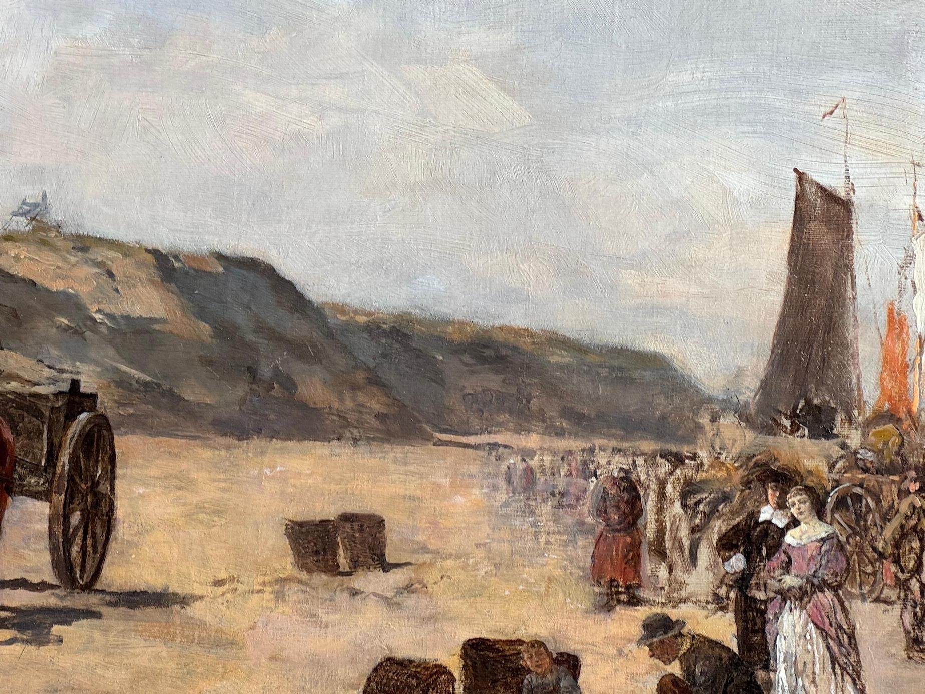 Edward William Cooke RA (1811-1880)
Spiaggia olandese di Scheveningen, olio su tela, 1850 circa

Questa ampia scena costiera di Edward William Cooke, dipinta intorno al 1850, cattura la vivace vita della spiaggia olandese di Scheveningen con