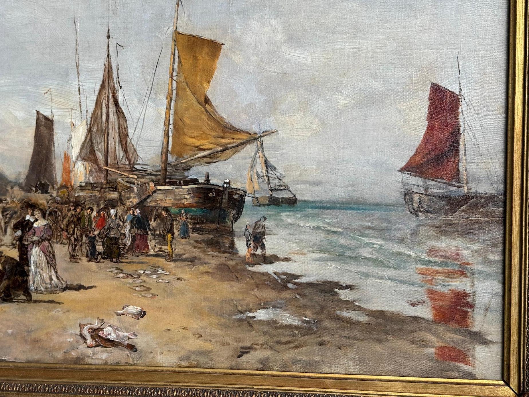 Paesaggio di spiaggia del XIX secolo a Scheveningen, in Olanda, con barche da pesca e persone in vendita 4