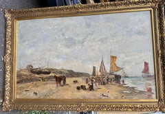 19th century Beach Landscape in Scheveningen, Holland with fishing boats, people