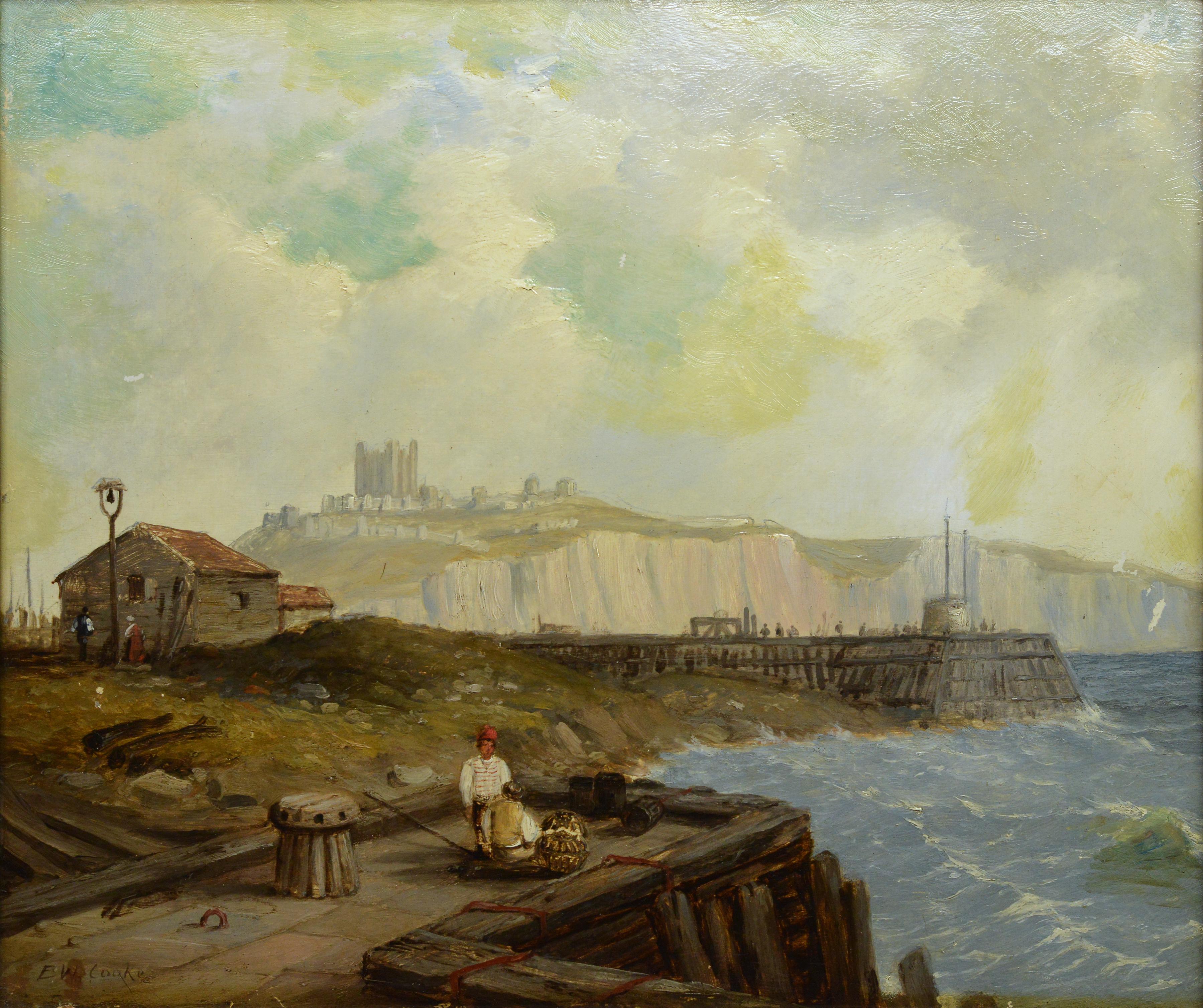 Paesaggio marino costiero con figure sul molo Pittura britannica del XIX secolo di W. Cooke - Painting di Edward William Cooke