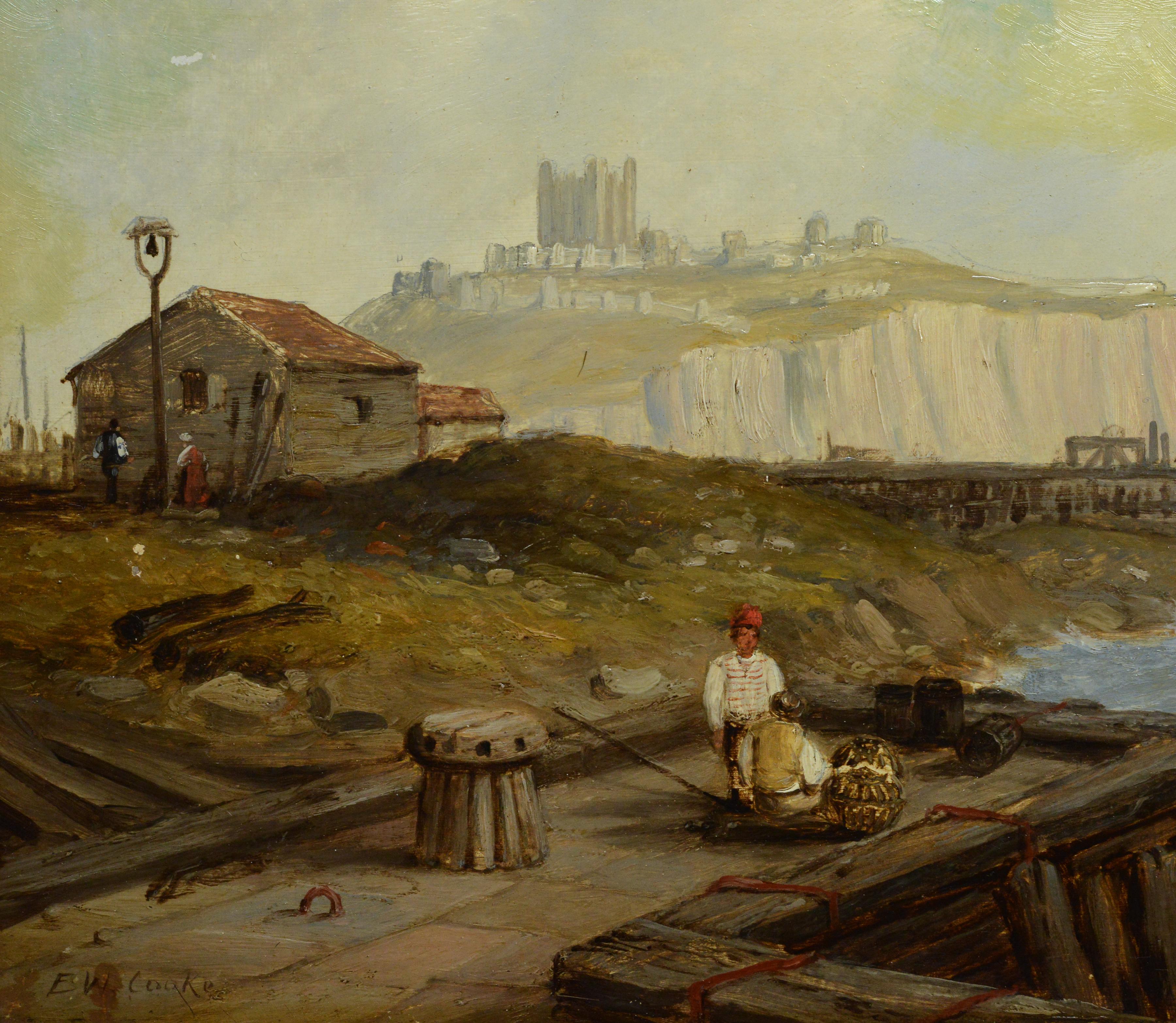 Paesaggio marino costiero con figure sul molo Pittura britannica del XIX secolo di W. Cooke - Painting Realismo di Edward William Cooke