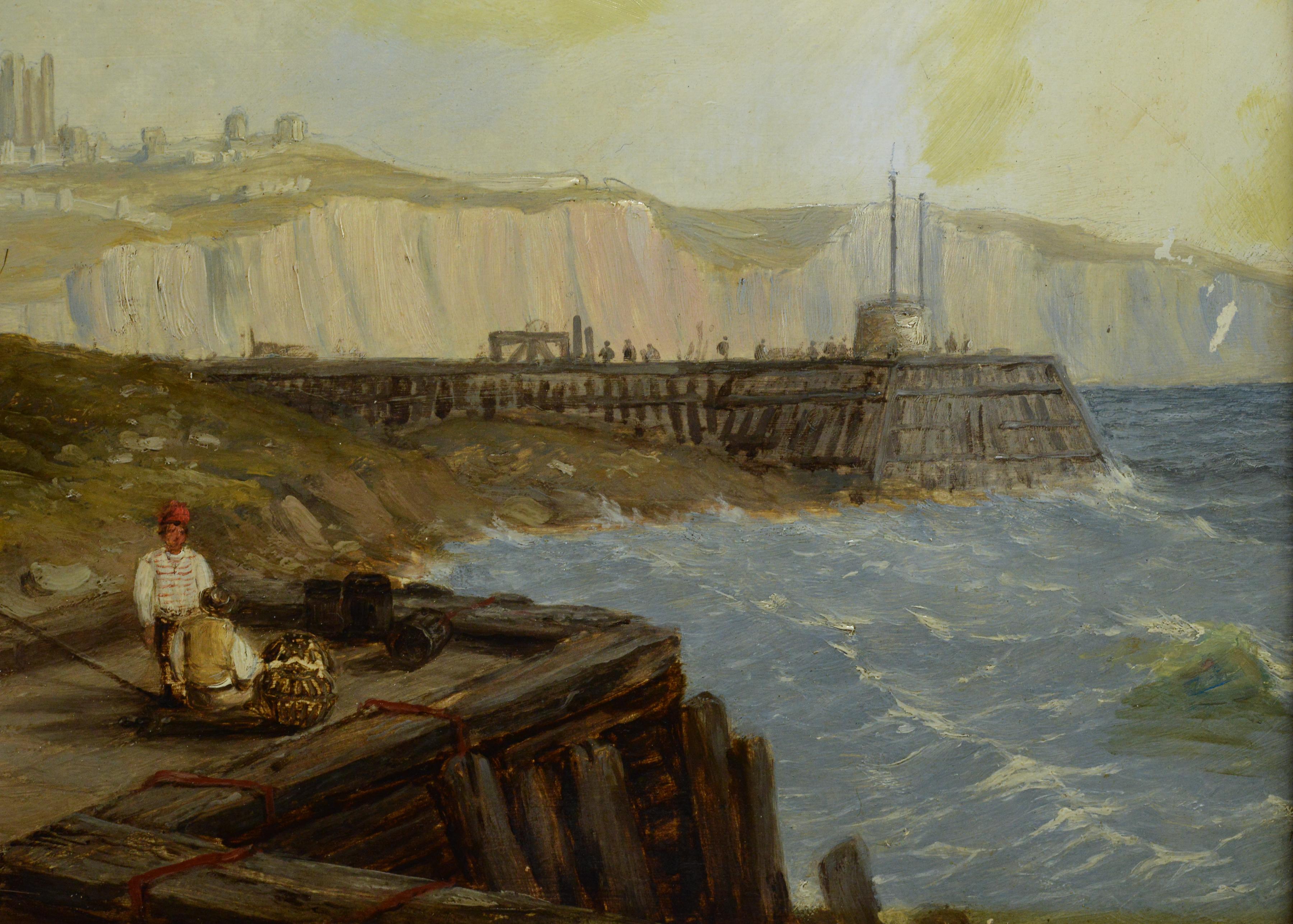 Paesaggio marino costiero con figure sul molo Pittura britannica del XIX secolo di W. Cooke - Figurative Painting Marrone di Edward William Cooke