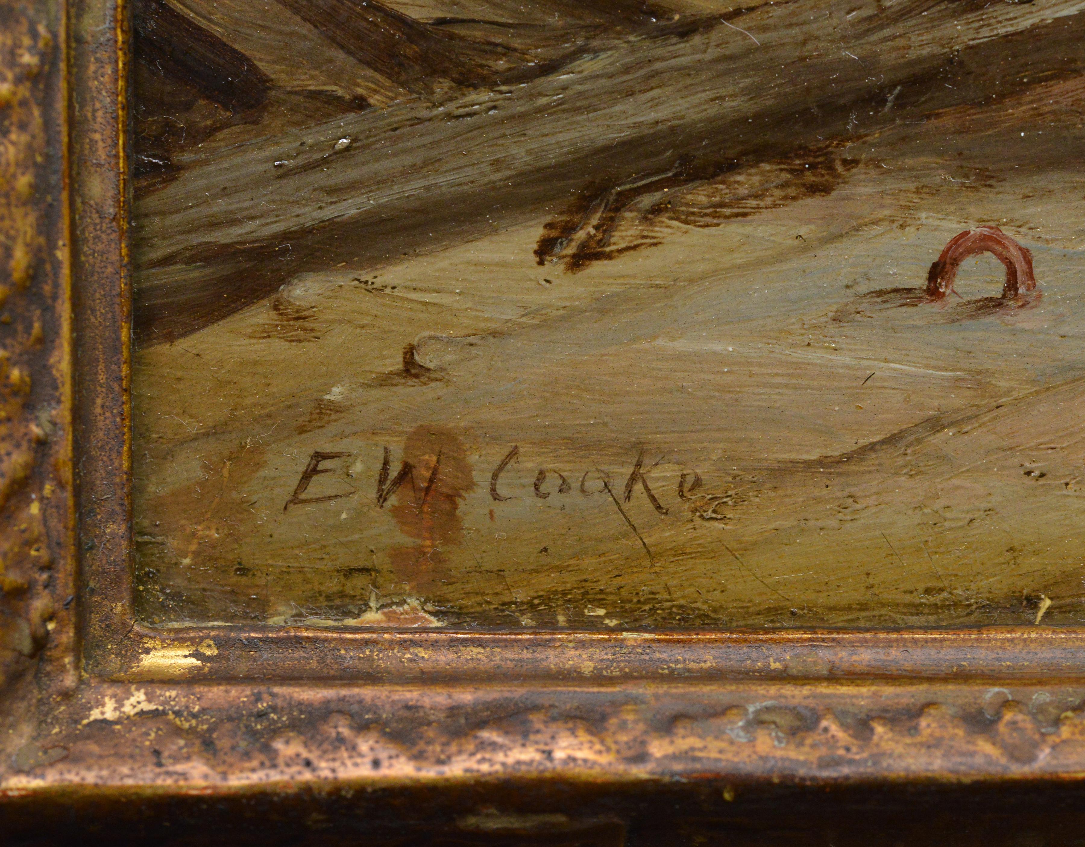 Paesaggio marino costiero con figure sul molo Pittura britannica del XIX secolo di W. Cooke 1