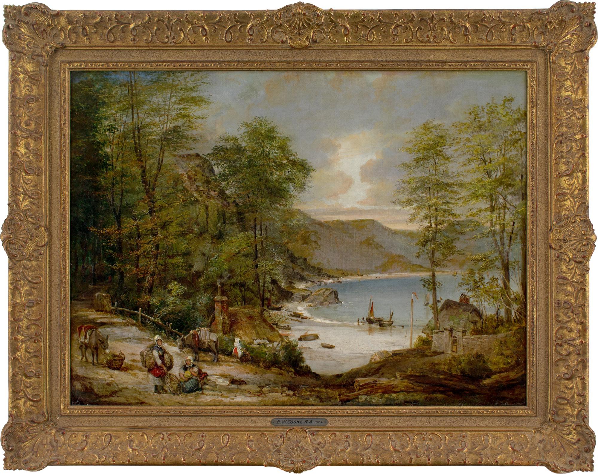 This idyllic late 19th-century oil painting by English artist Edward William Cooke RA (1811-1880) depicts a west-country cove with two cottages, donkeys, figures, and fishing boats. Cooke was a highly renowned painter of marine scenes and landscapes