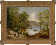Edward William Cooke RA, cala en el oeste del país con casas de campo, familia y burros