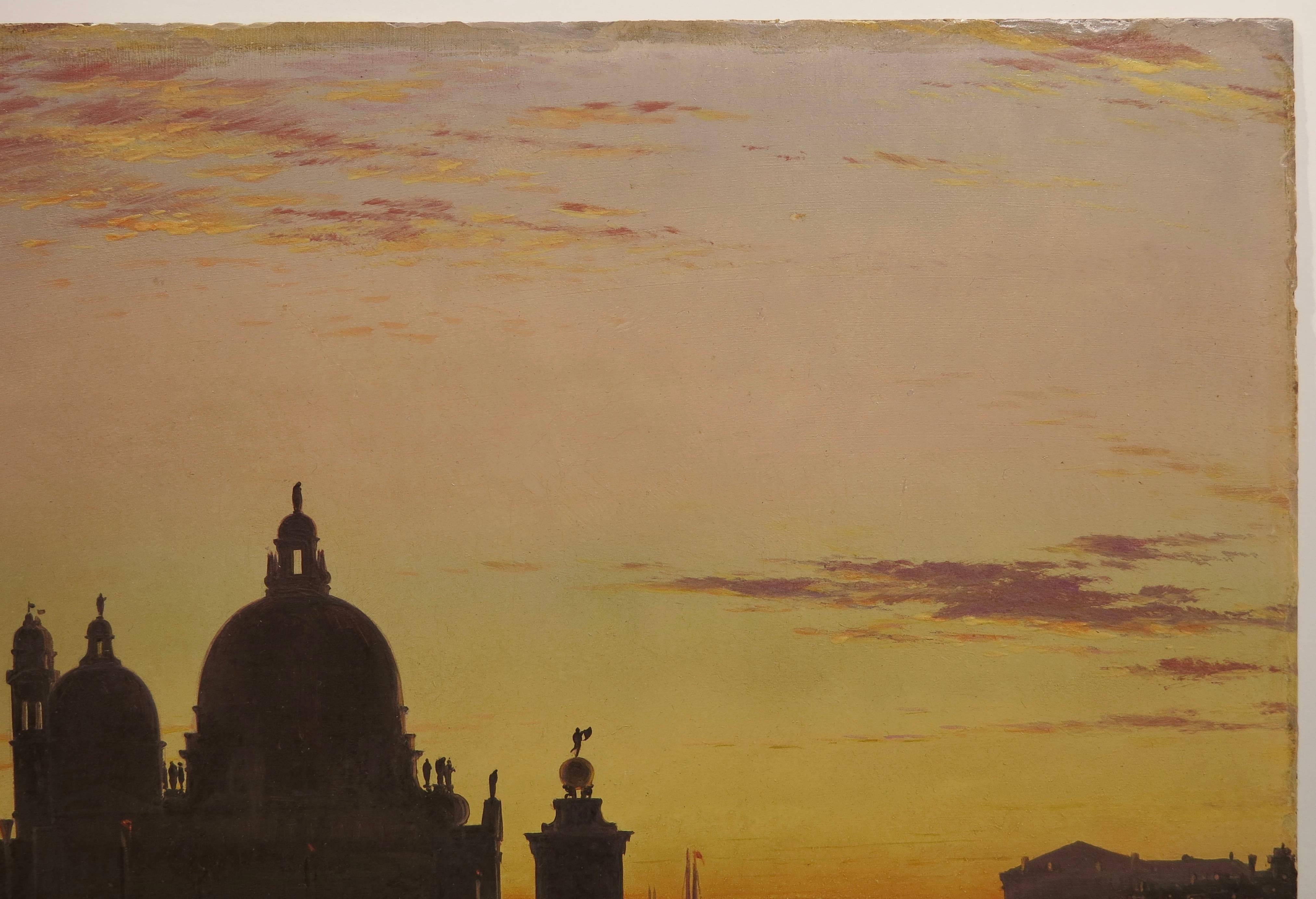 Edward William Cooke (1811-1890).  Santa Maria della Salute at Sunset, Venice, 1852. Oil on paper mounted to artist board, 11 5/8 x 15 3/8 inches. Unframed. Signed and dated lower left. Dedicated to Rawdon Brown with inscription en verso. Excellent