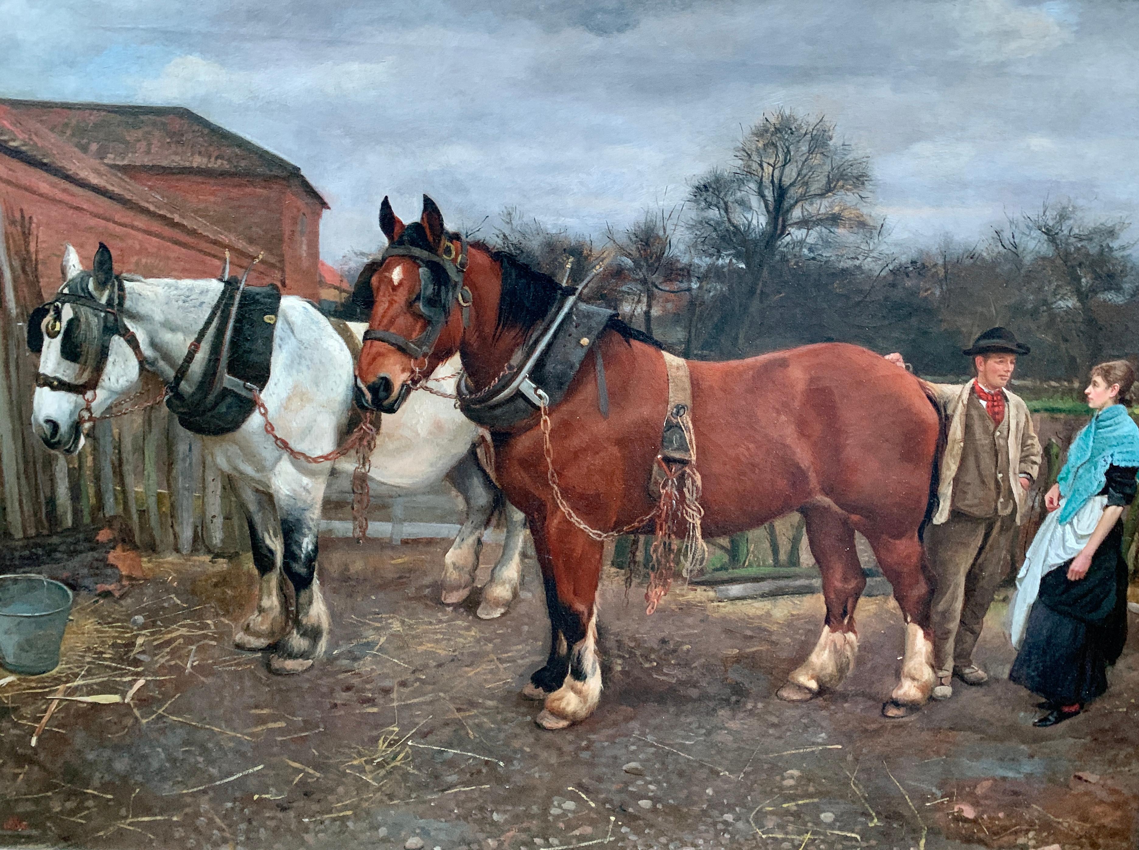 Victorian English 19th century farm yard scene with Shire Horses and a couple - Painting by William Edward Millner