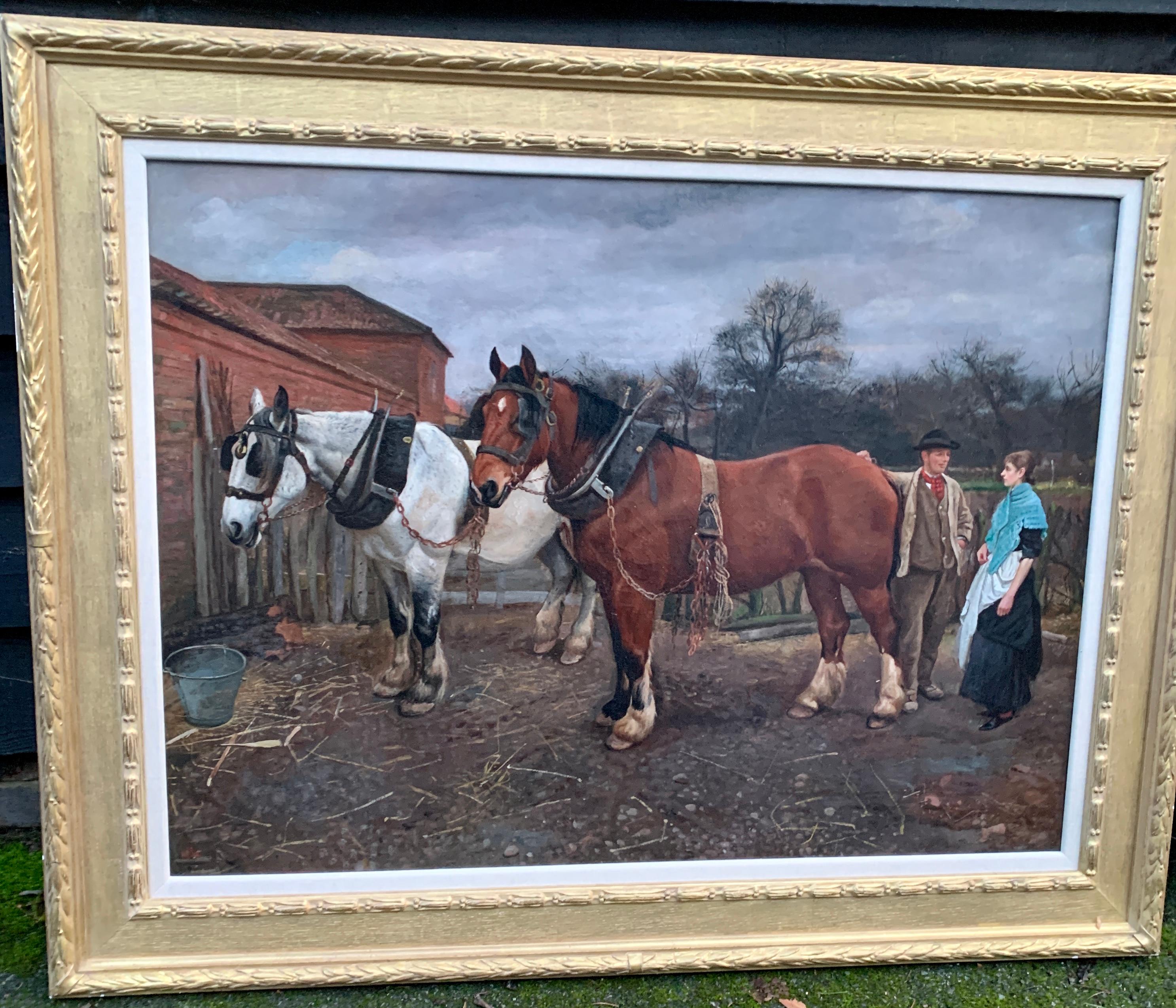 Scène de jardin de ferme victorienne anglaise du 19e siècle avec des chevaux de cheval et un couple