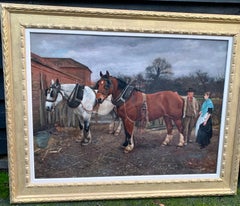 Victorian English 19th century farm yard scene with Shire Horses and a couple