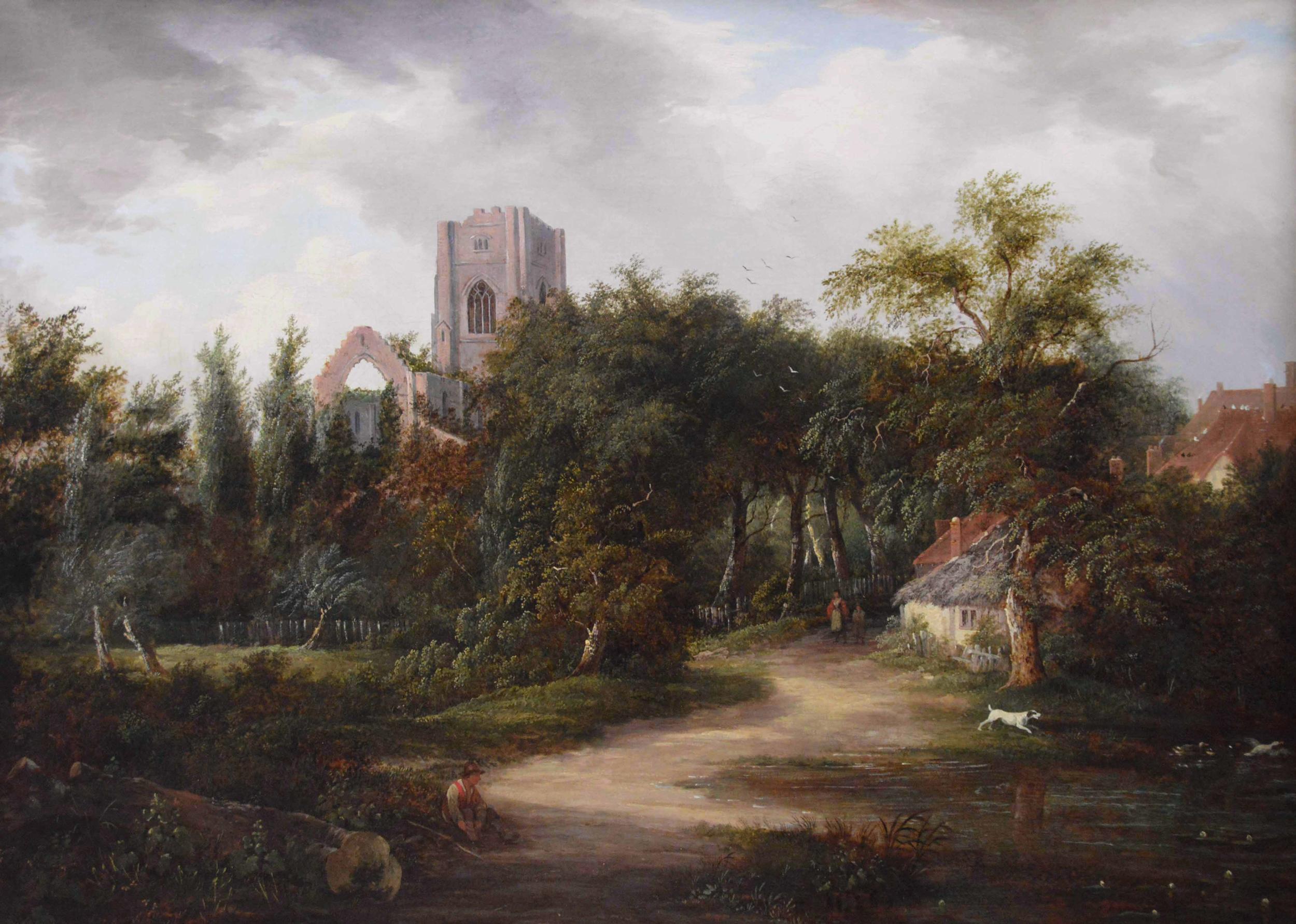 19th Century landscape oil painting of figures in a lane near Abbey ruins  - Painting by Edward Williams