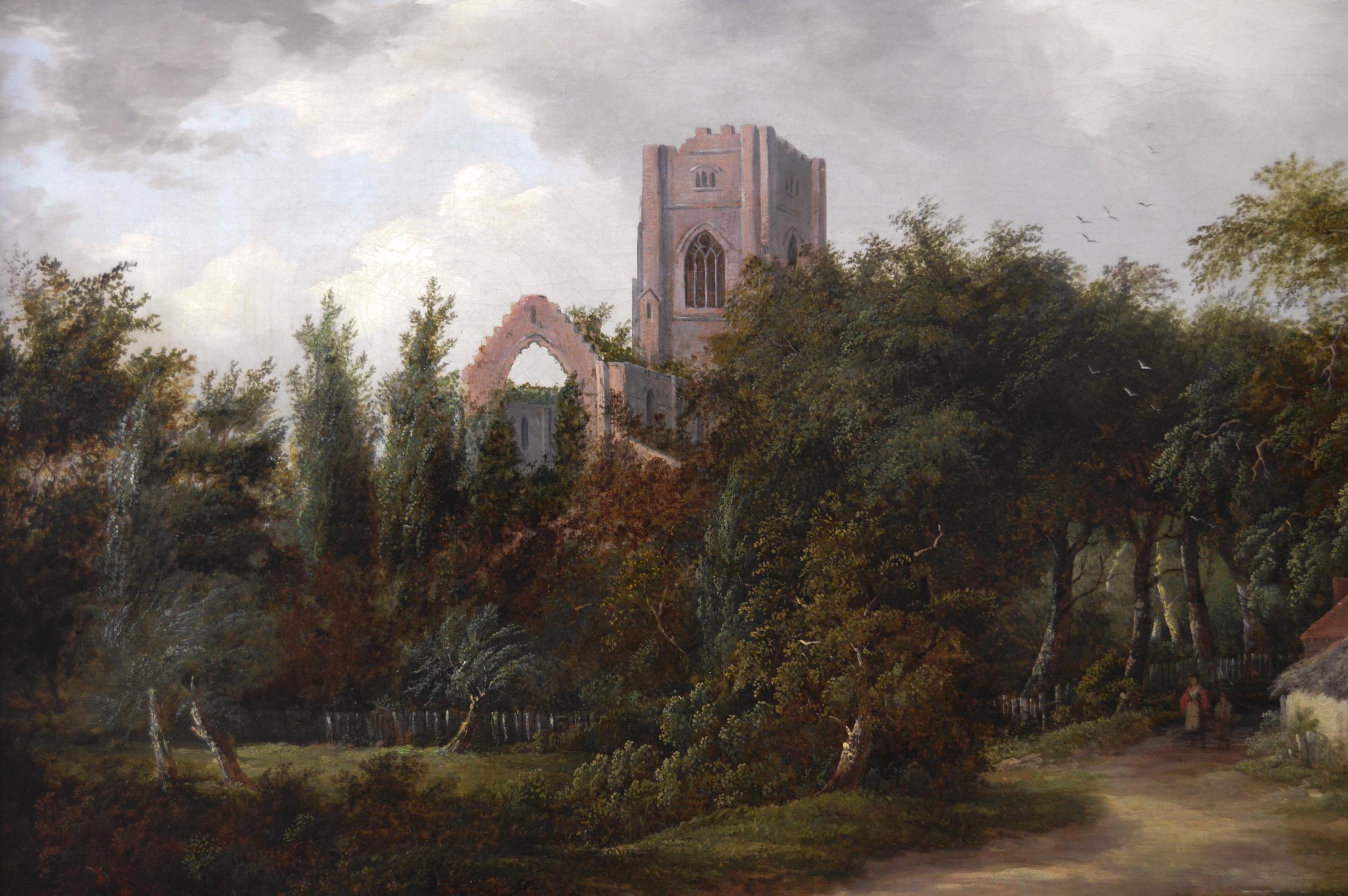 19th Century landscape oil painting of figures in a lane near Abbey ruins  - Victorian Painting by Edward Williams