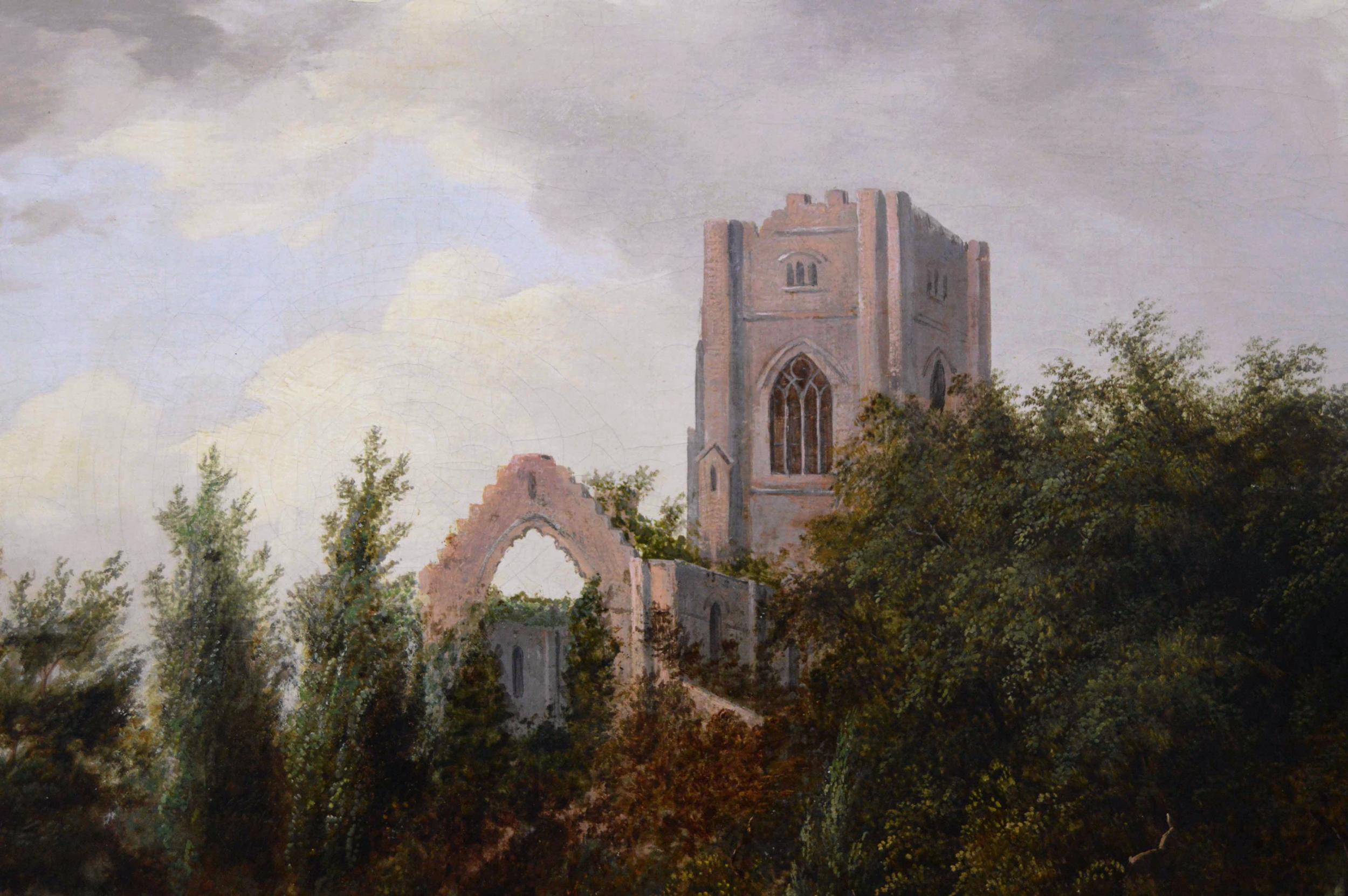 Peinture à l'huile de paysage du 19e siècle représentant des personnages dans une ruelle près des ruines de l'abbaye  - Victorien Painting par Edward Williams