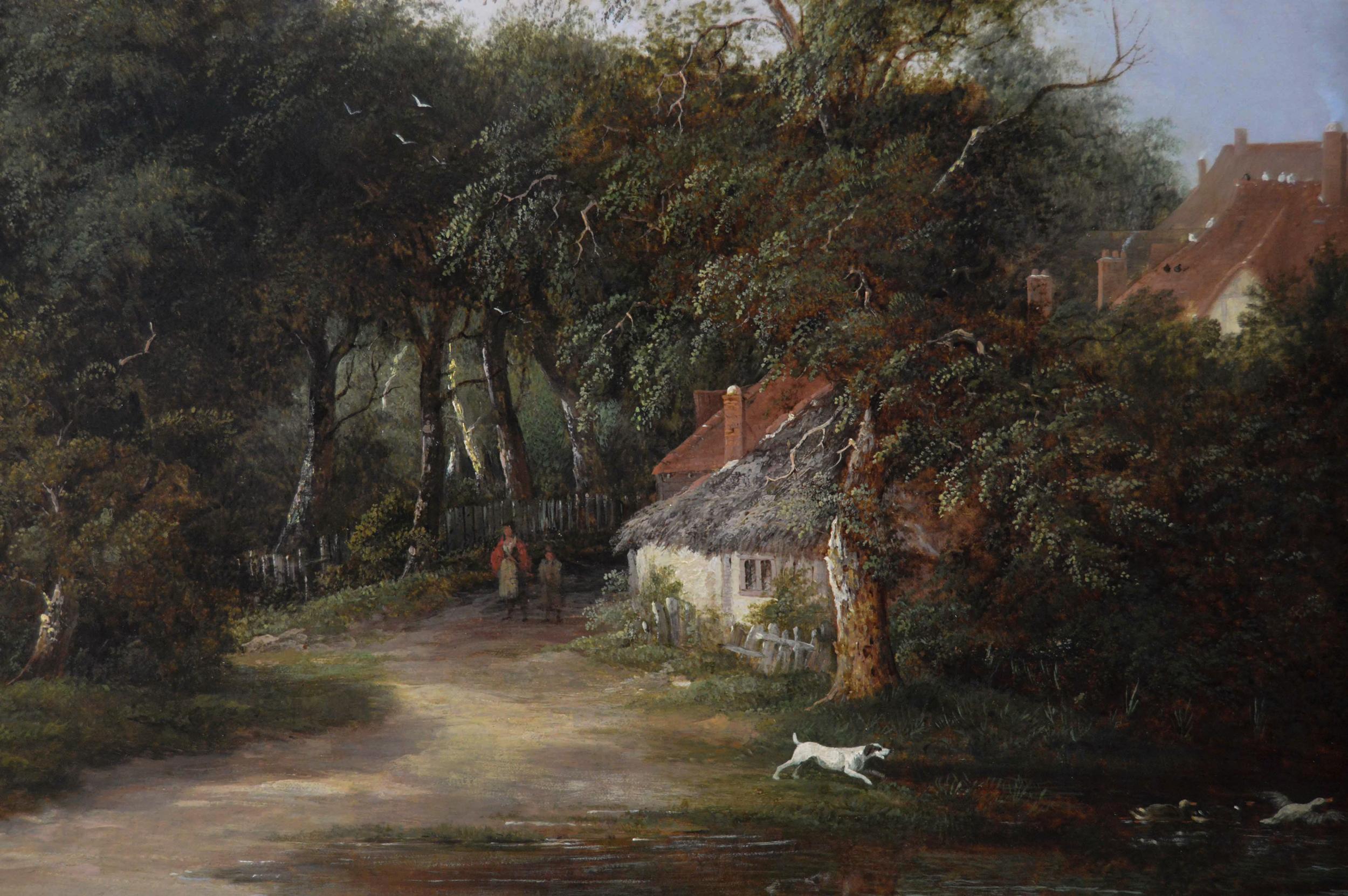 Peinture à l'huile de paysage du 19e siècle représentant des personnages dans une ruelle près des ruines de l'abbaye  - Marron Landscape Painting par Edward Williams
