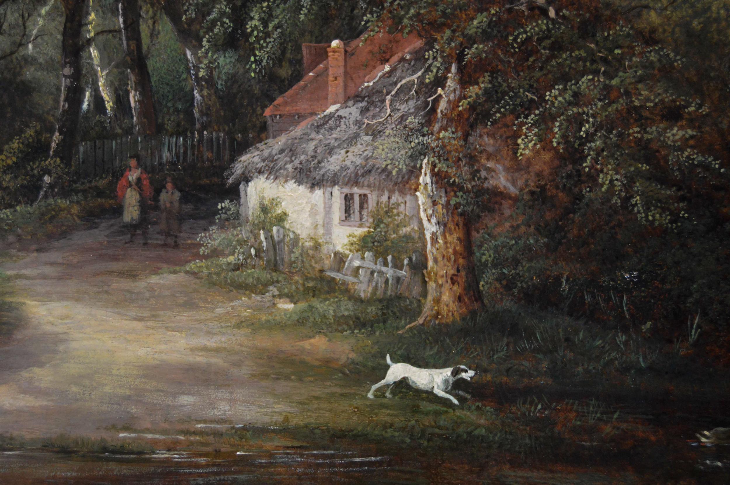 19th Century landscape oil painting of figures in a lane near Abbey ruins  For Sale 2