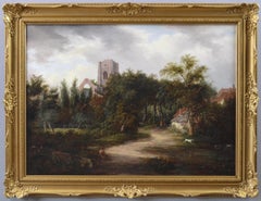 19th Century landscape oil painting of figures in a lane near Abbey ruins 