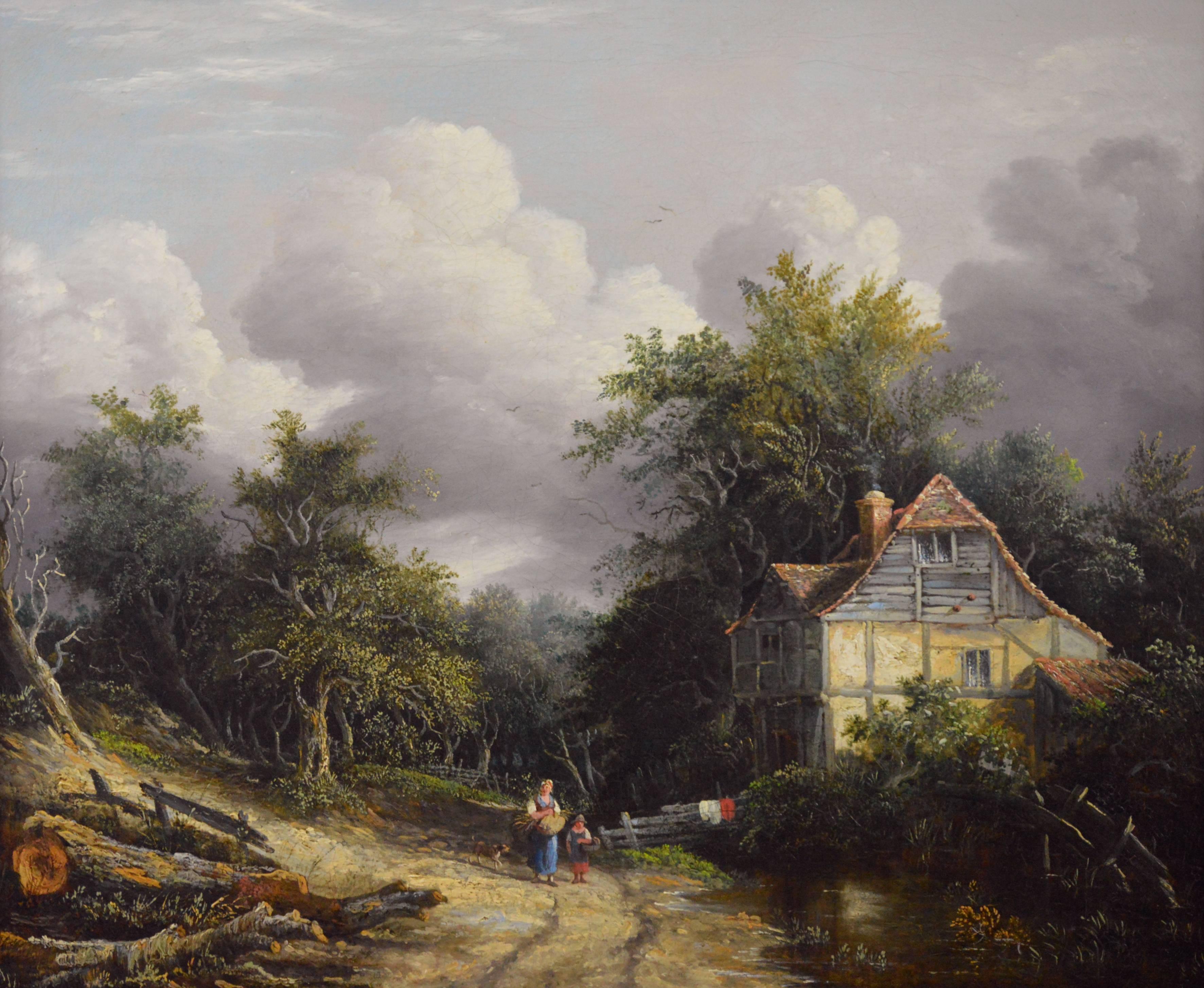 19th Century oil painting of a cottage in a wooded landscape - Painting by Edward Williams