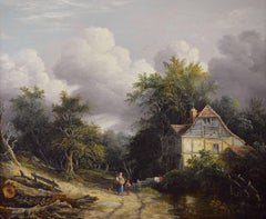19th Century oil painting of a cottage in a wooded landscape
