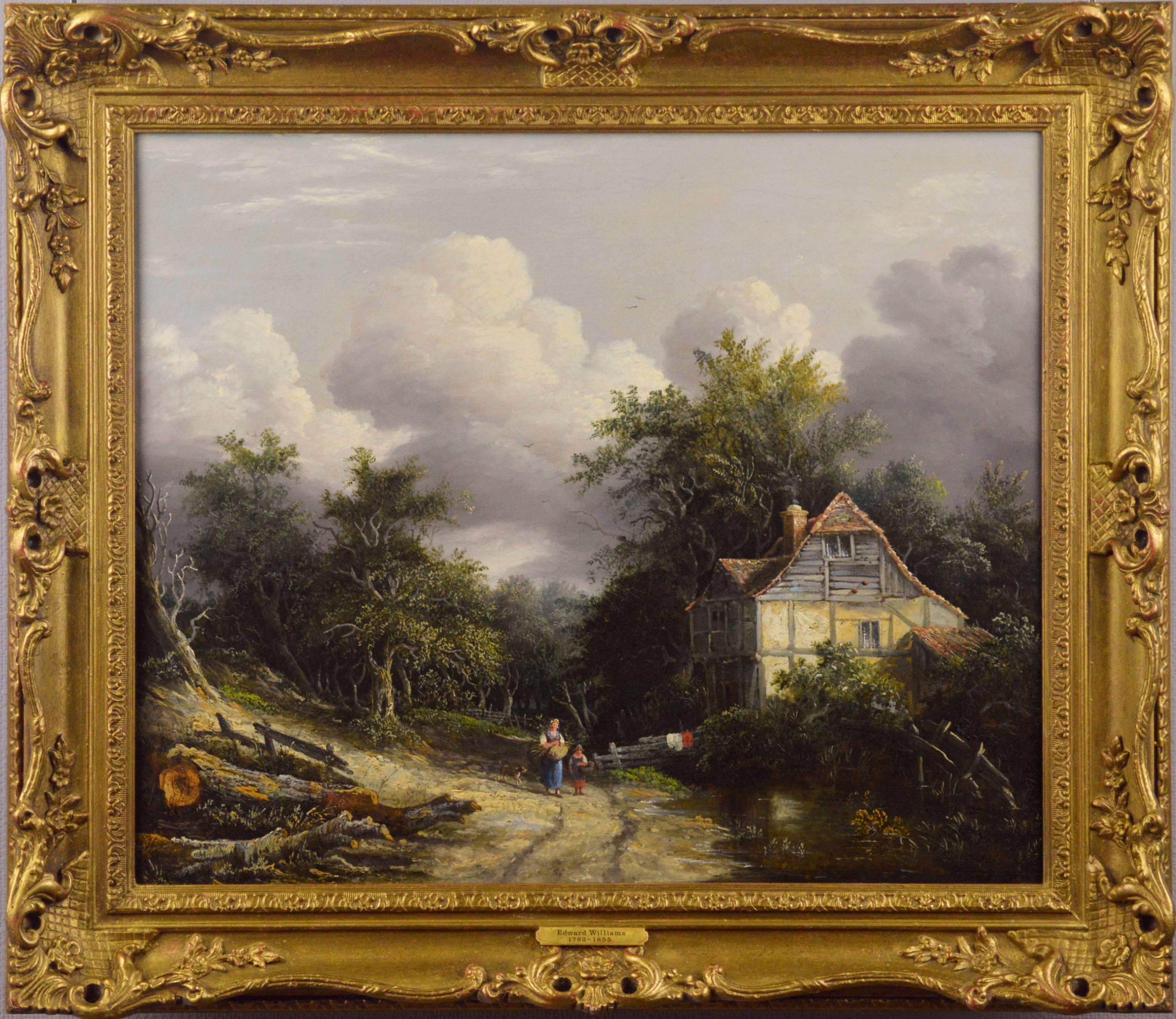 Edward Williams Landscape Painting - 19th Century oil painting of a cottage in a wooded landscape