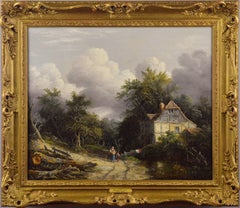 19th Century oil painting of a cottage in a wooded landscape