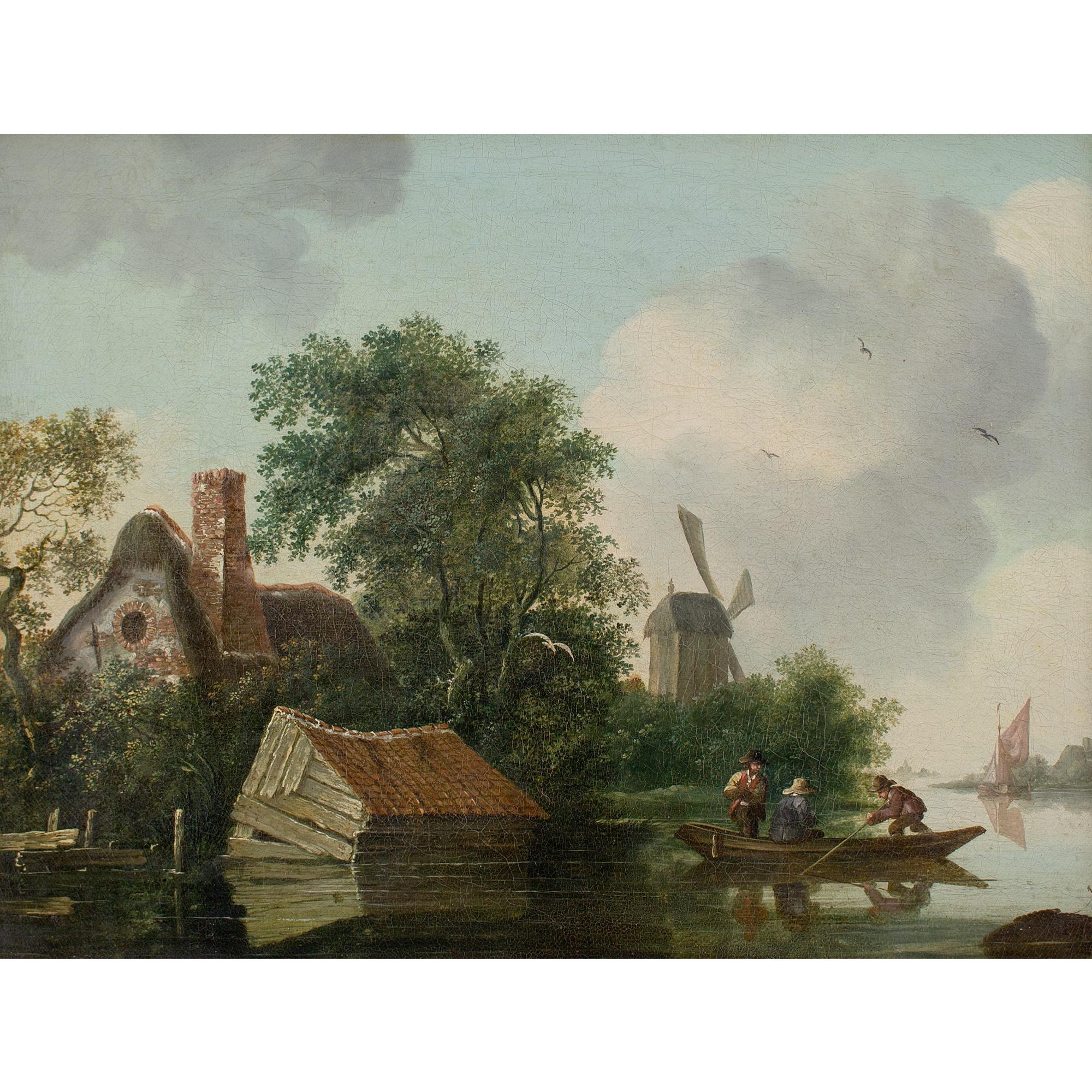 Edward Williams (Circle), Flusslandschaft mit getäfeltem Haus und Windmühle im Angebot 1