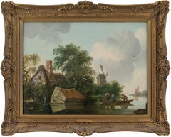 Edward Williams (Circle), Flusslandschaft mit getäfeltem Haus und Windmühle