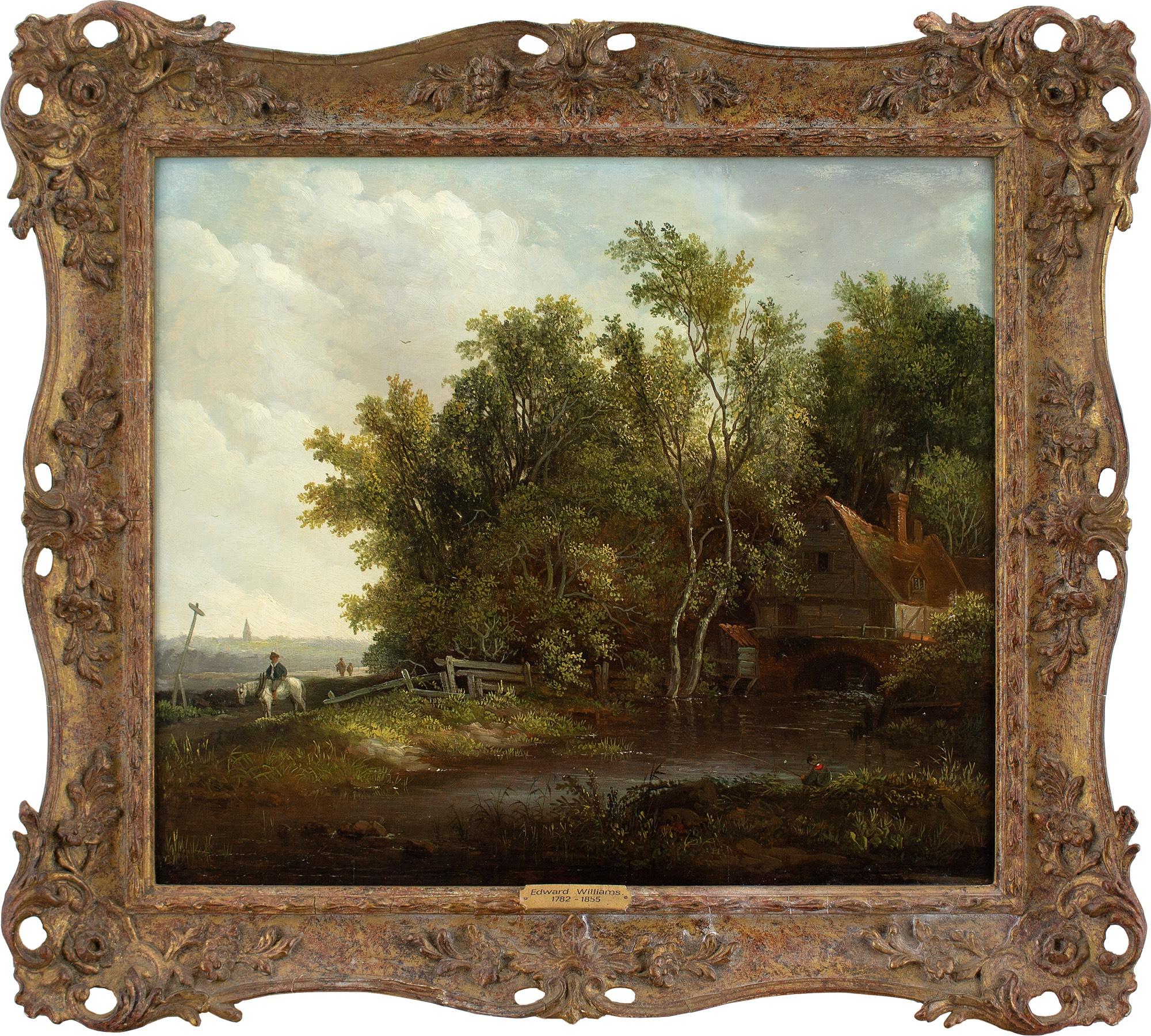 This early 19th-century oil painting by British artist Edward Williams (1782-1855) depicts a rugged landscape with a watermill, stream and figures.

On the right, the sound of an old mill provides a continuous backdrop. It turns, grinding grain into