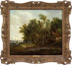 Landschaft mit Wassermühle und Junge fischend, Ölgemälde von Edward Williams 