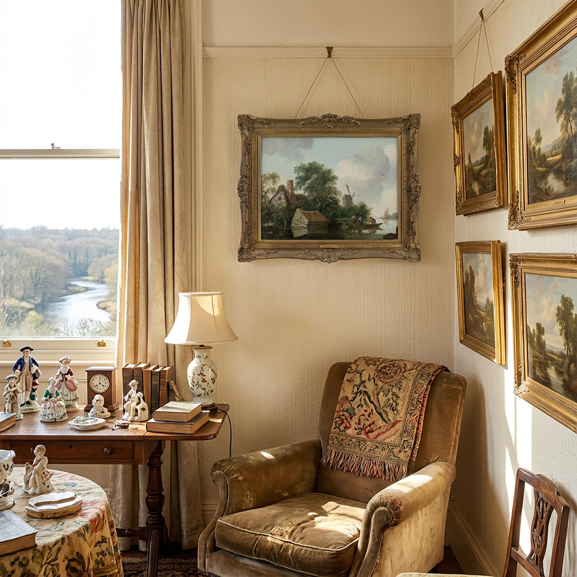 Edward Williams (Circle), paysage fluvial avec cottage caché et moulin à vent en vente 1