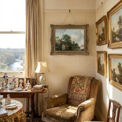 Mid-19th-Century Oil Painting, River Landscape With Thatched Cottage & Windmill
