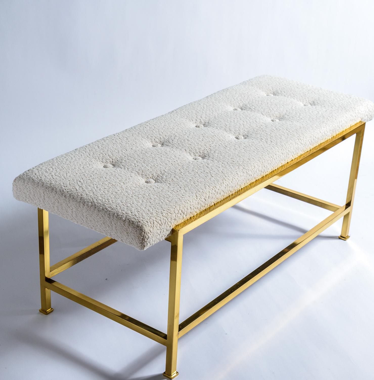 Edward Wormley Tufted Brass Bench
Re-Upholstered in White Boucle Fabric
 Paper label and Big D Furniture metal Tag