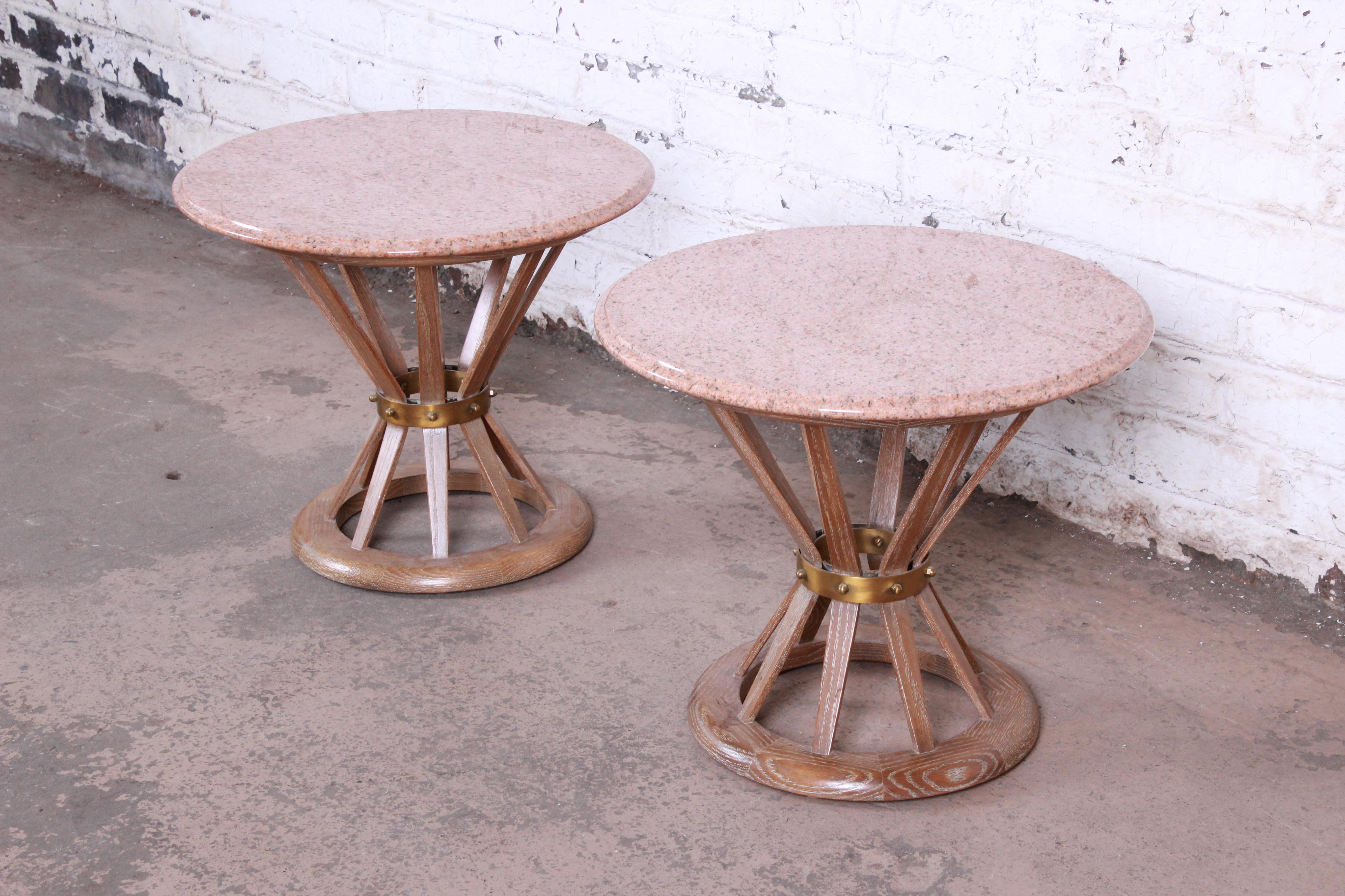 Mid-Century Modern Edward Wormey for Dunbar Style Sheaf of Wheat Marble Top Side Tables, Pair