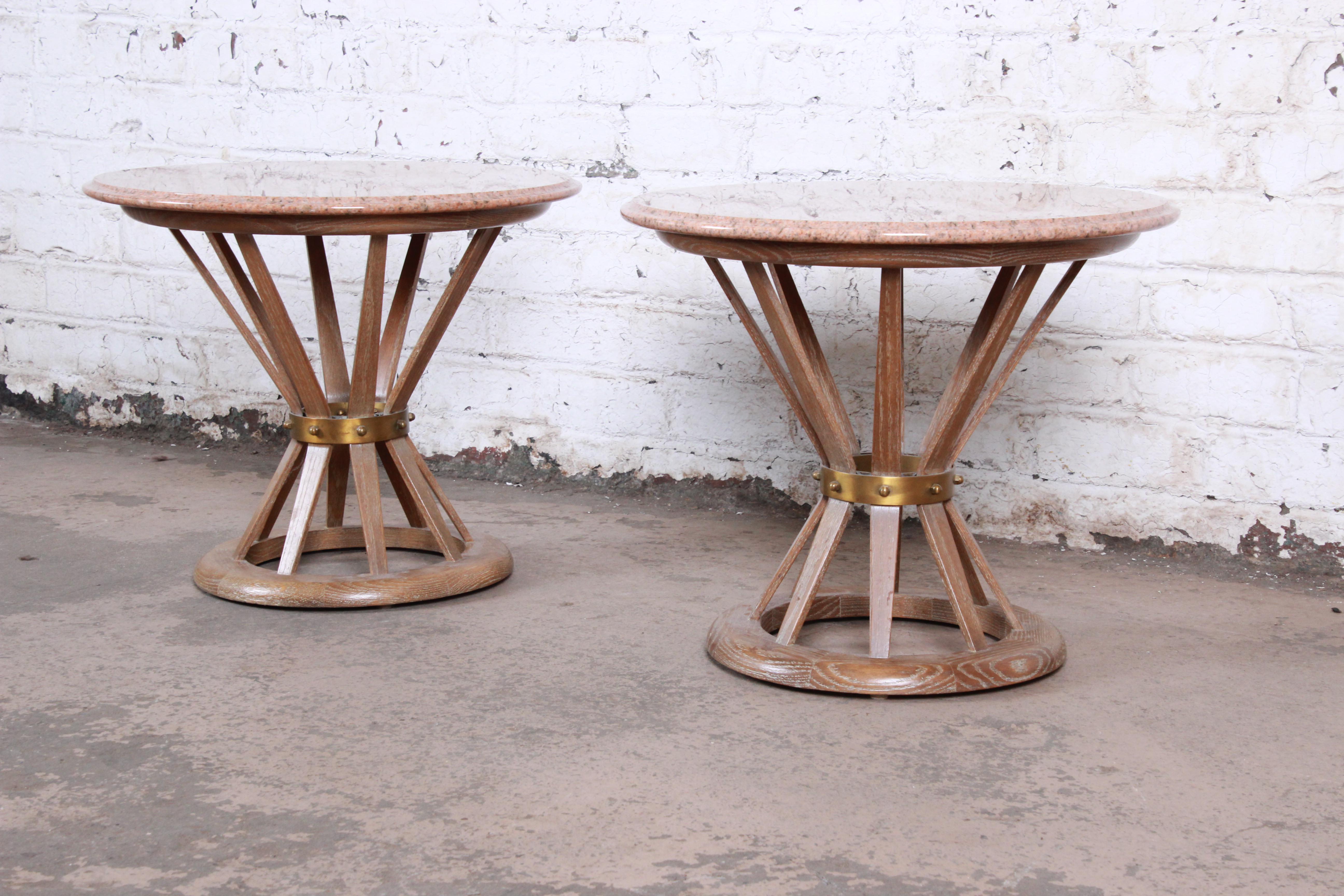 American Edward Wormey for Dunbar Style Sheaf of Wheat Marble Top Side Tables, Pair