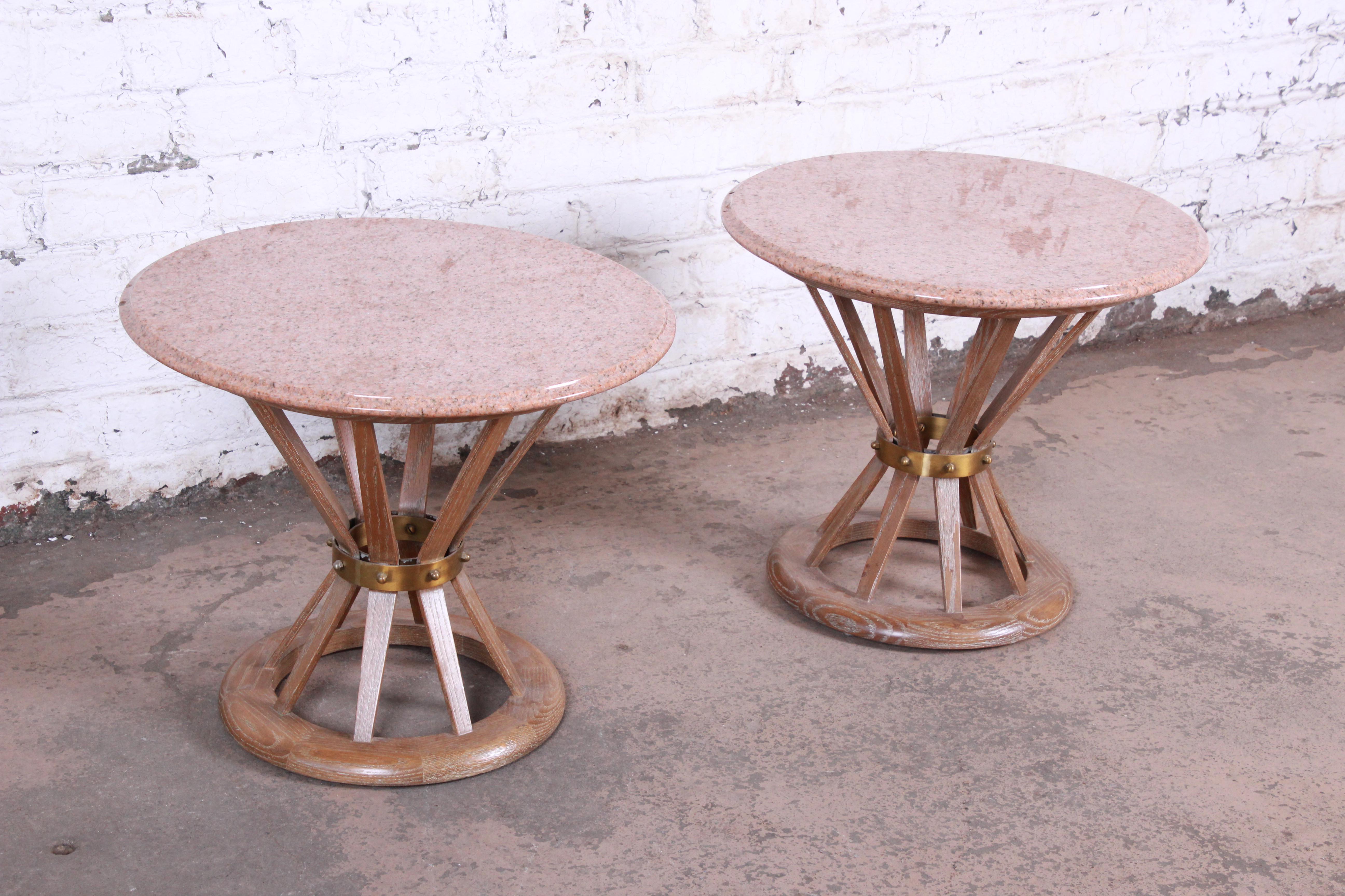Edward Wormey for Dunbar Style Sheaf of Wheat Marble Top Side Tables, Pair In Good Condition In South Bend, IN