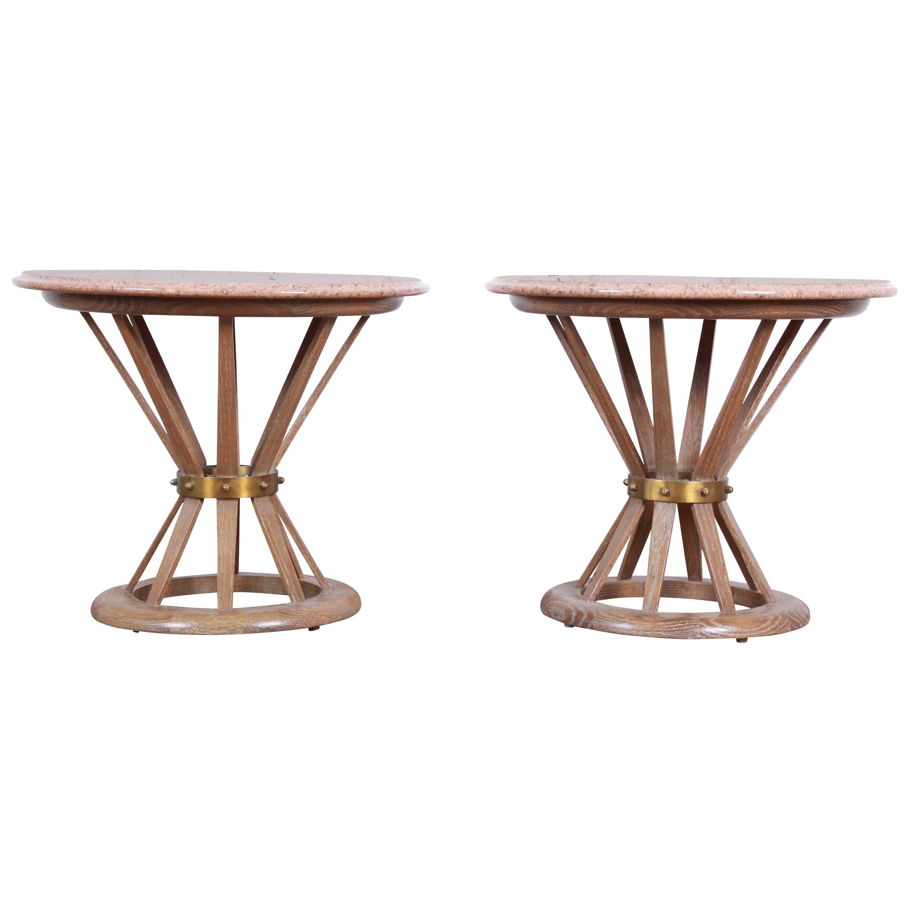 Edward Wormey for Dunbar Style Sheaf of Wheat Marble Top Side Tables, Pair