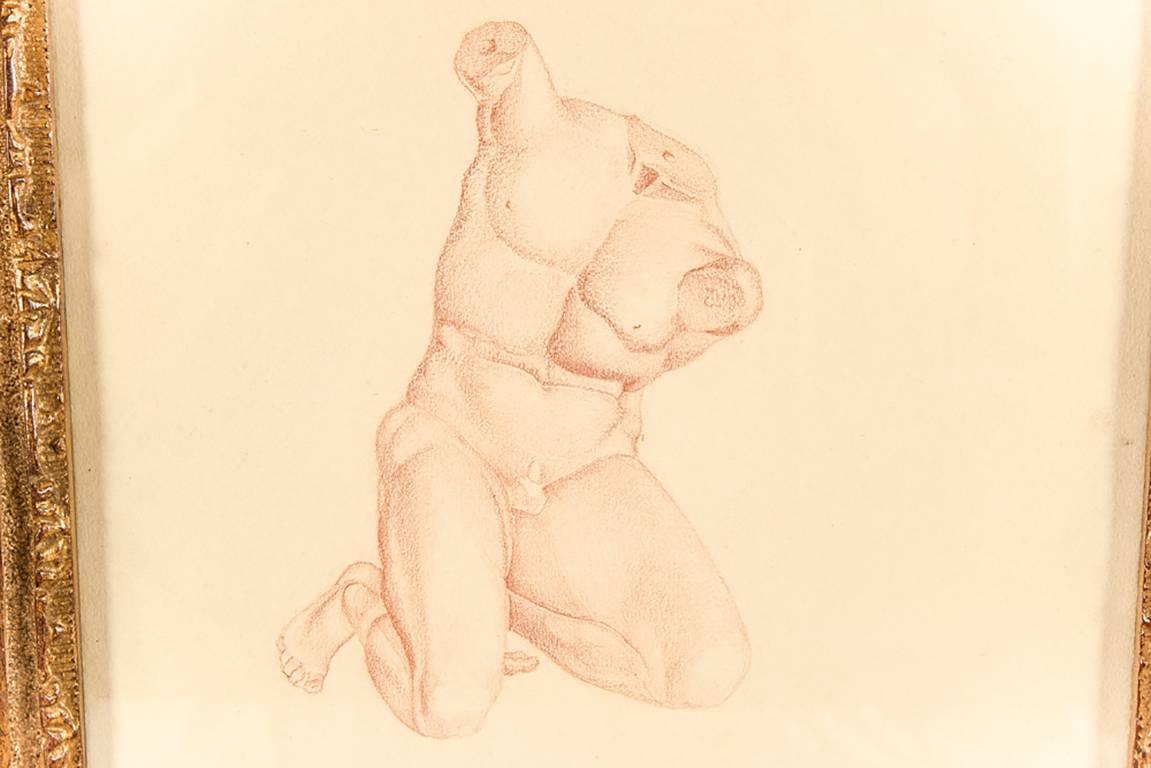 Edward Wormley (American, 1907-1995)- rare sanguine drawing of an antique a classical kneeling male nude figure, sanguine on cream wove paper, classical kneeling twisted male torso lacking the arms, signed WORMLEY-A lower right, sight H. 10 1/2