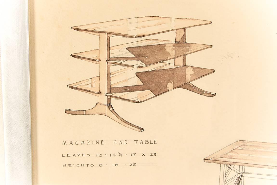 Rare Edward Wormley (American, 1907-1995), original drawing depicting furniture designs for Dunbar, original vintage and extremely rare sepia pencil and wash drawing on cream wove paper depicting three table designs: labelled 
