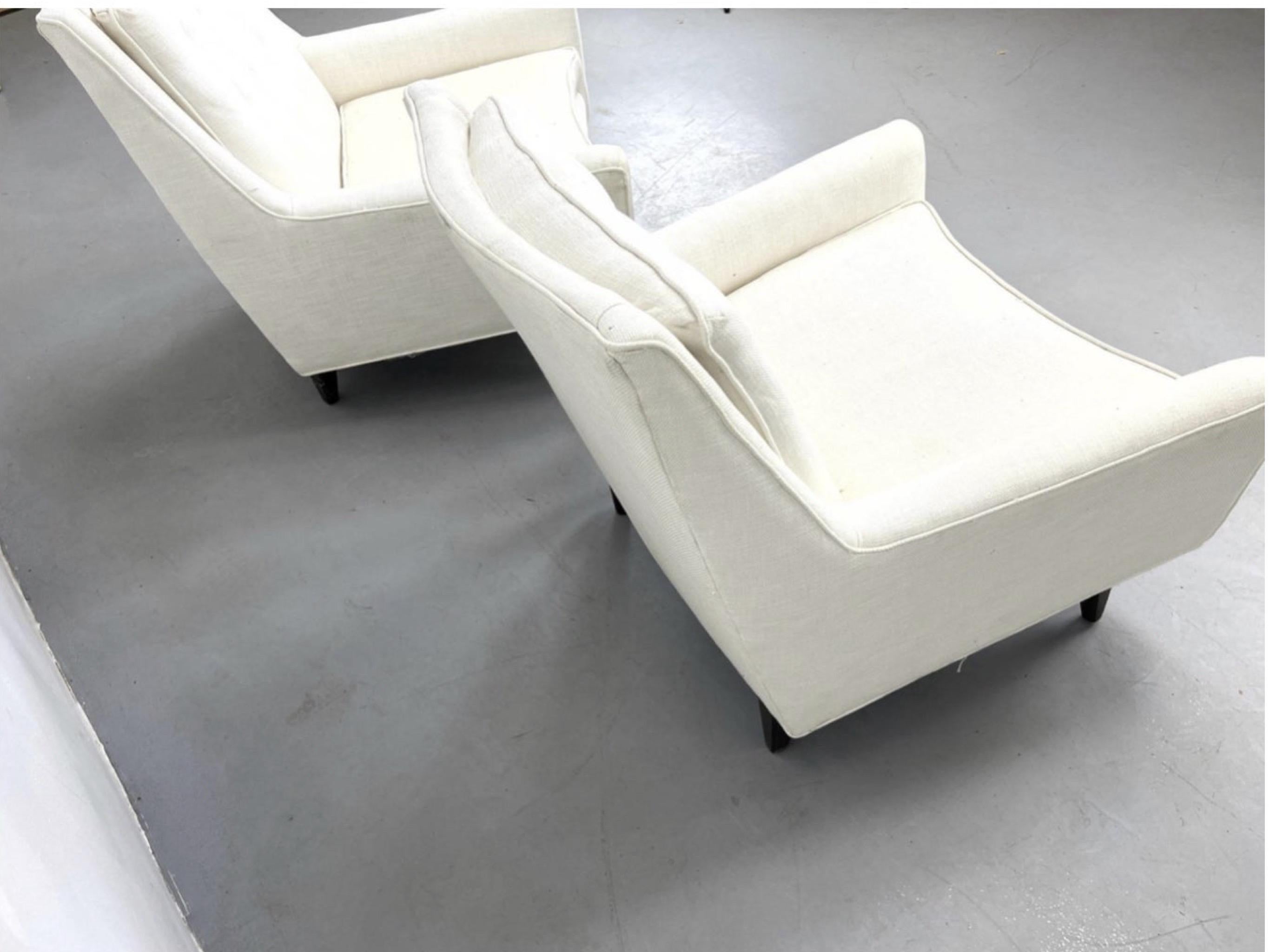 20th Century Edward Wormley Attributed White Upholstered Lounge Chairs - a Pair