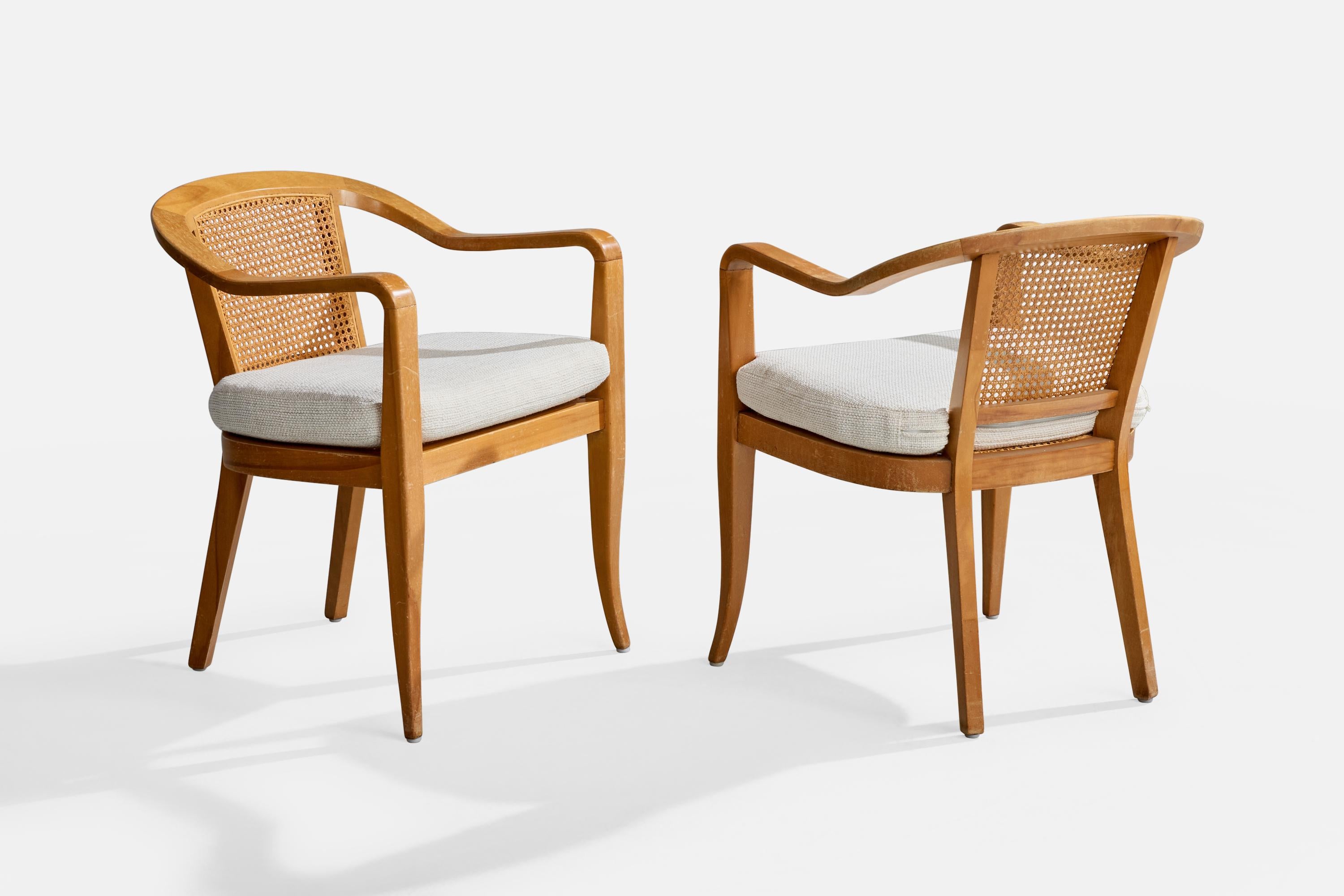 Mid-Century Modern Edward Wormley Attribution, Armchairs, Wood, Cane, Fabric, USA, 1950s For Sale