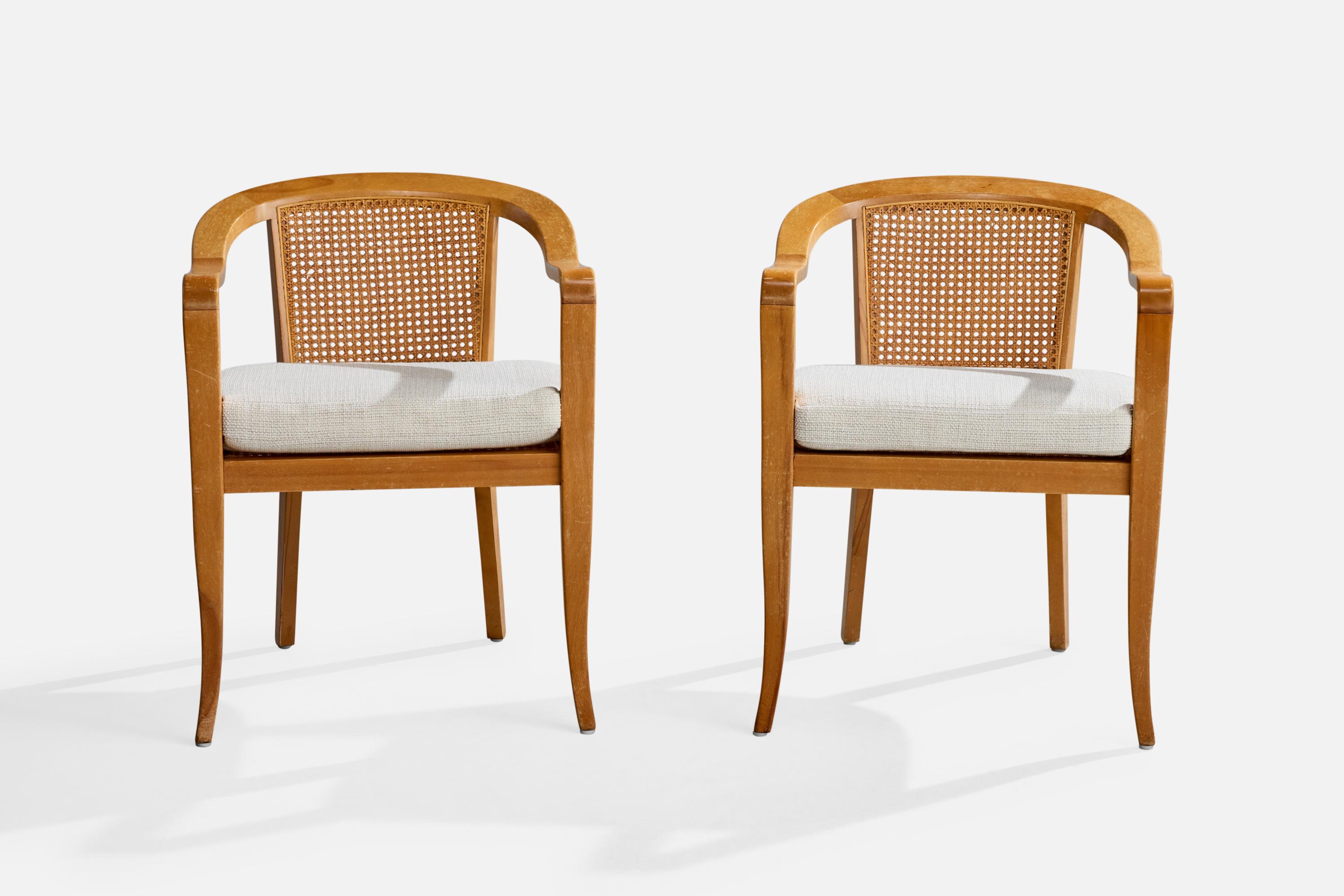 American Edward Wormley Attribution, Armchairs, Wood, Cane, Fabric, USA, 1950s For Sale