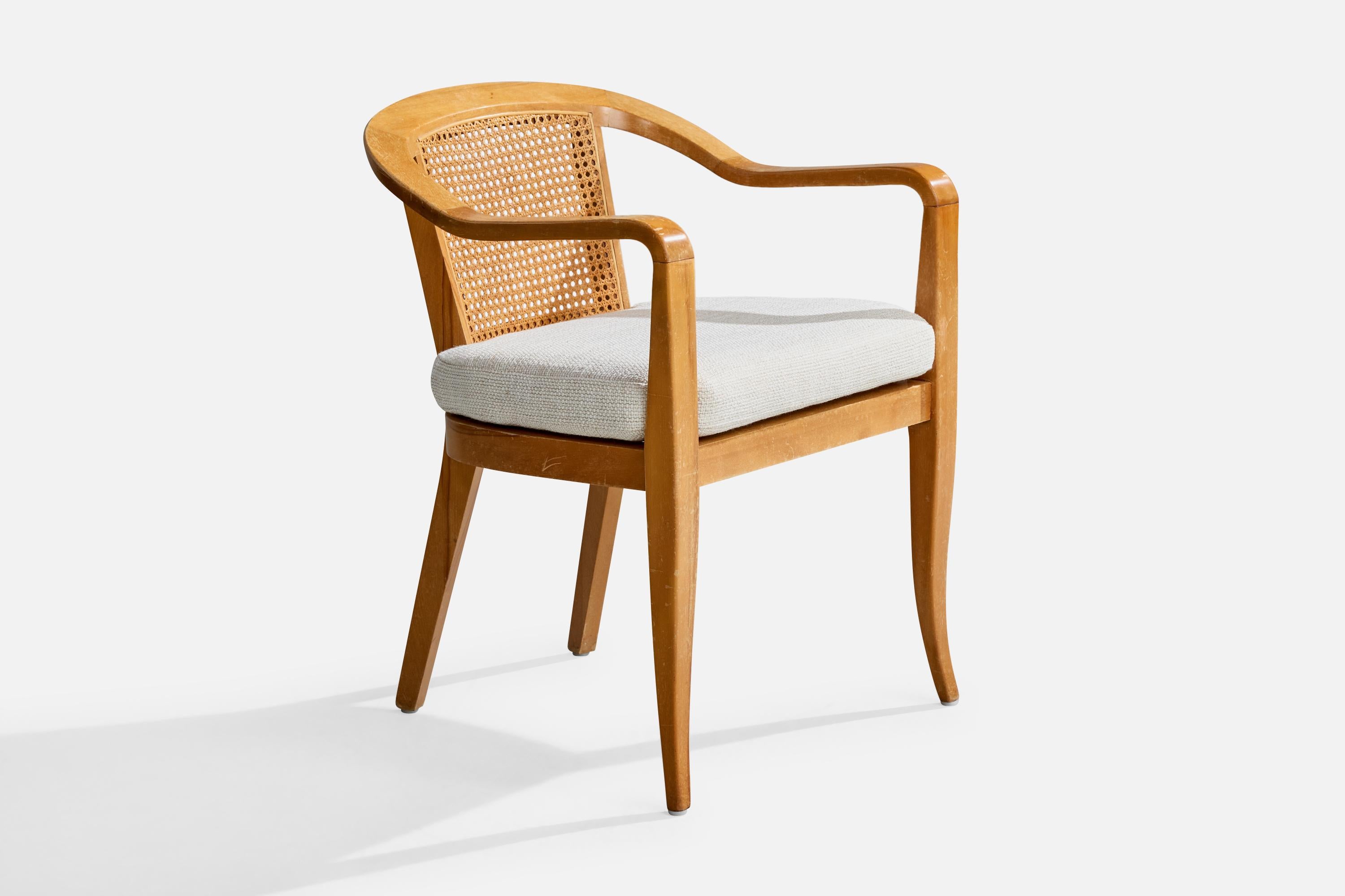 Edward Wormley Attribution, Armchairs, Wood, Cane, Fabric, USA, 1950s In Good Condition For Sale In High Point, NC