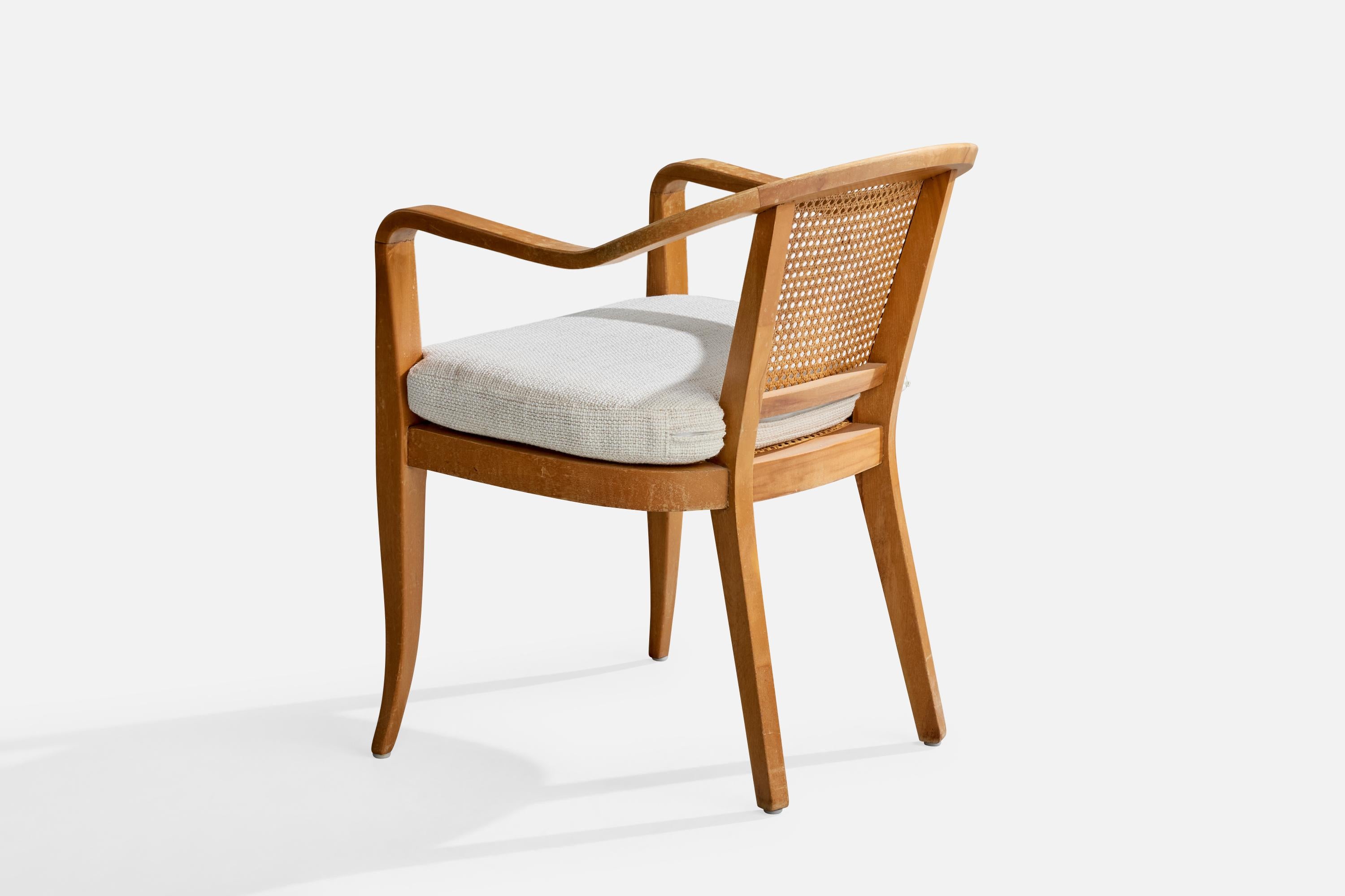 Mid-20th Century Edward Wormley Attribution, Armchairs, Wood, Cane, Fabric, USA, 1950s For Sale