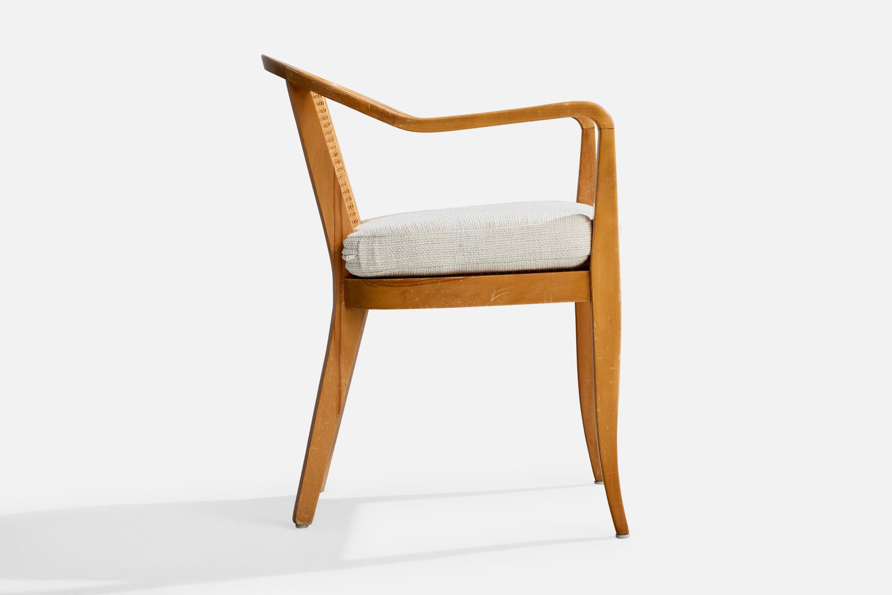 Edward Wormley Attribution, Armchairs, Wood, Cane, Fabric, USA, 1950s For Sale 1