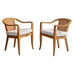 Edward Wormley Attribution, Armchairs, Wood, Cane, Fabric, USA, 1950s